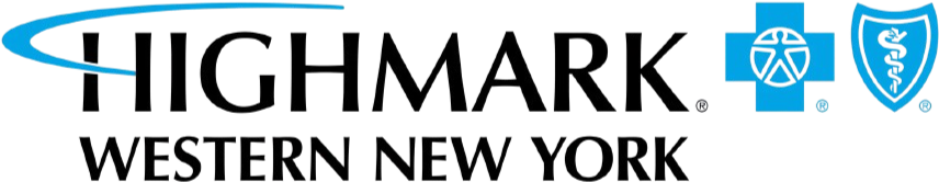 The logo of Highmark Western New York insurance, with black lettering, next to two icons: a blue cross, and a blue shield with the caduceus emblem.