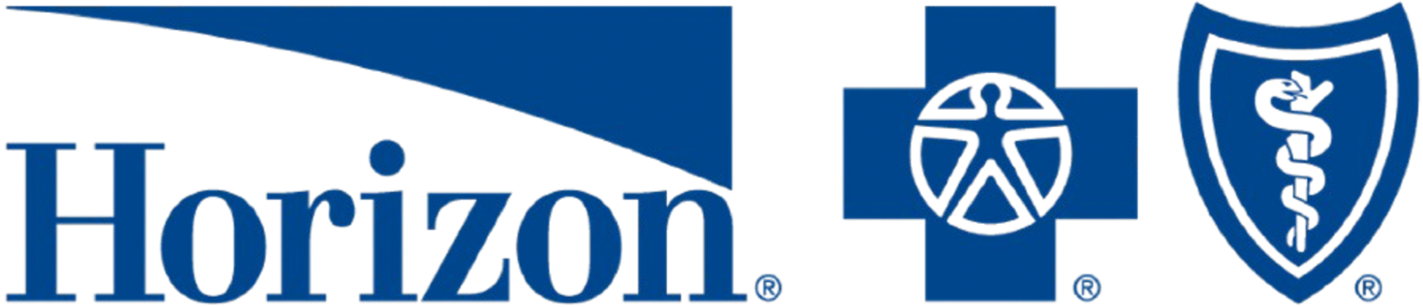 The Horizon Blue Cross Blue Shield logo, with the word 'Horizon' next to a blue cross featuring the Vitruvian Man, and a shield emblem featuring a caduceus symbol.