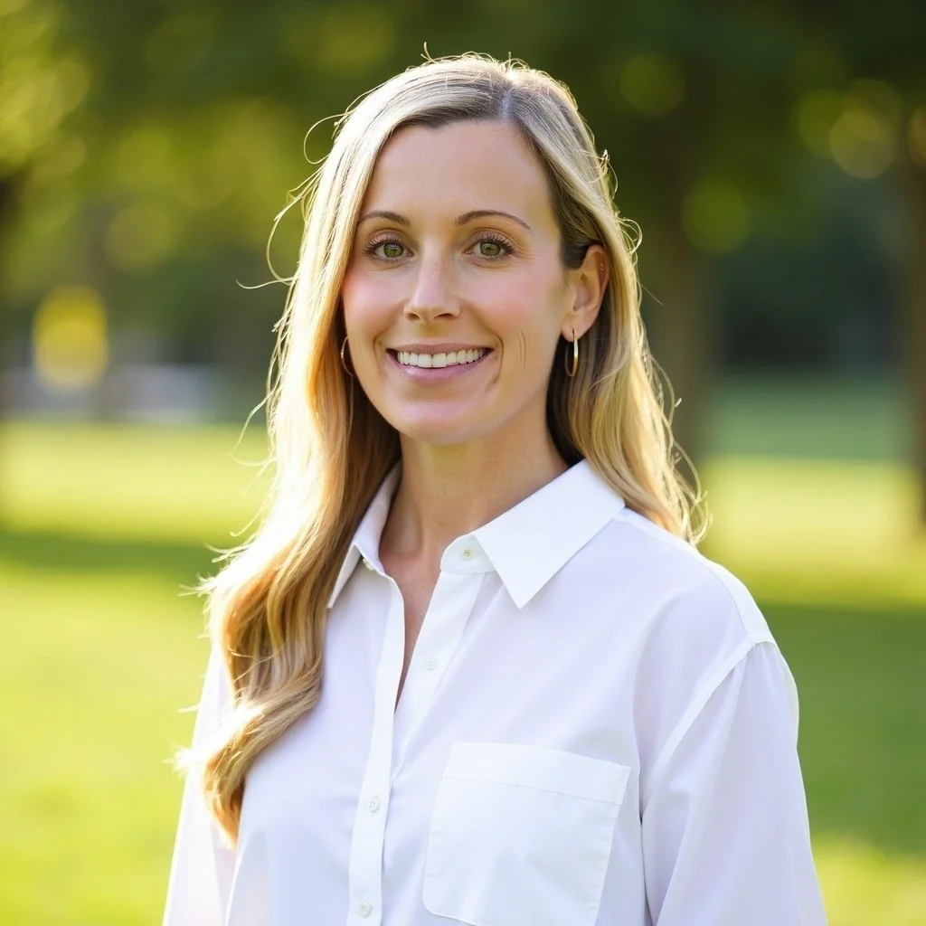 A woman with long blonde hair wearing a white shirt, smiling outdoors in a park with blurred trees and green grass in the background.