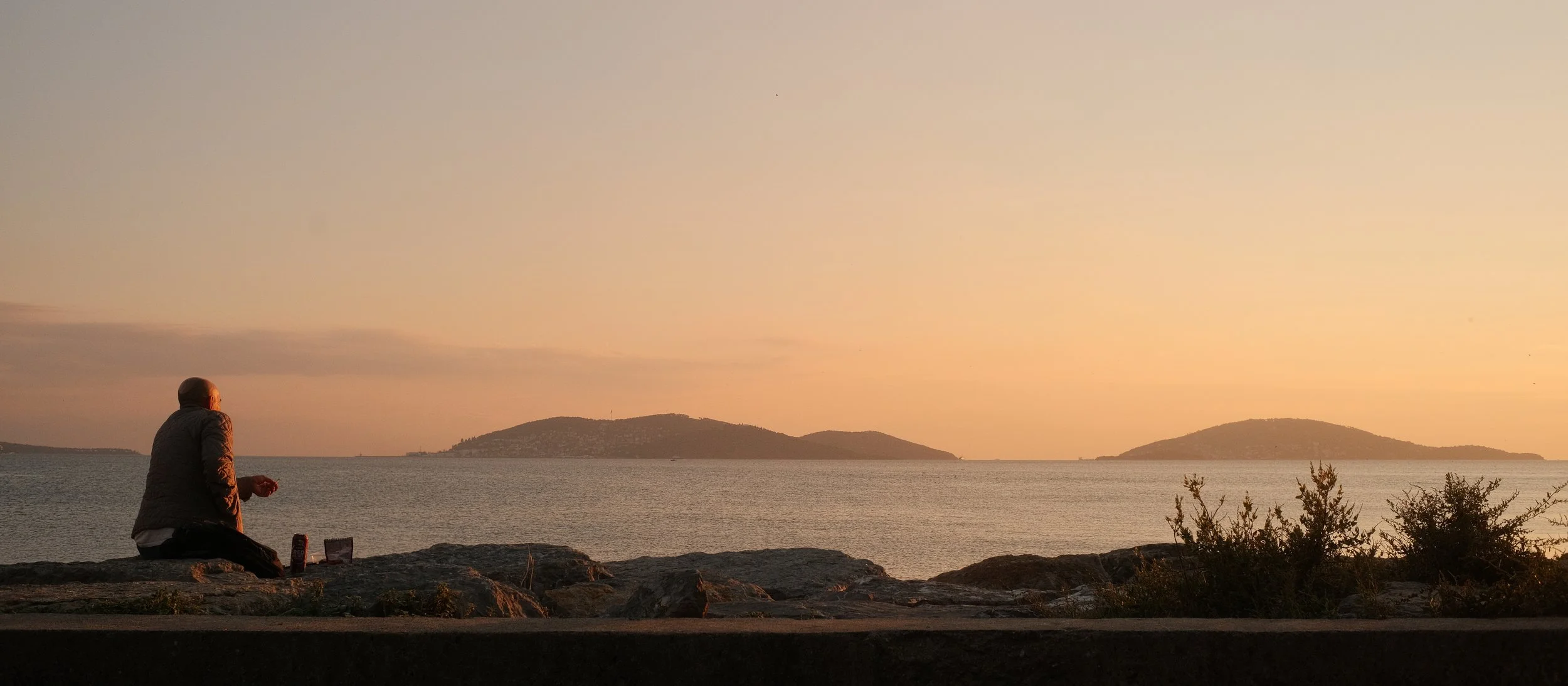 Ein Mann sitzt auf Felsen am Wasser bei Sonnenuntergang, blickt auf die Inseln im Meer, umgeben von Büschen und einer leichten Wolkenbedeckung am Himmel.