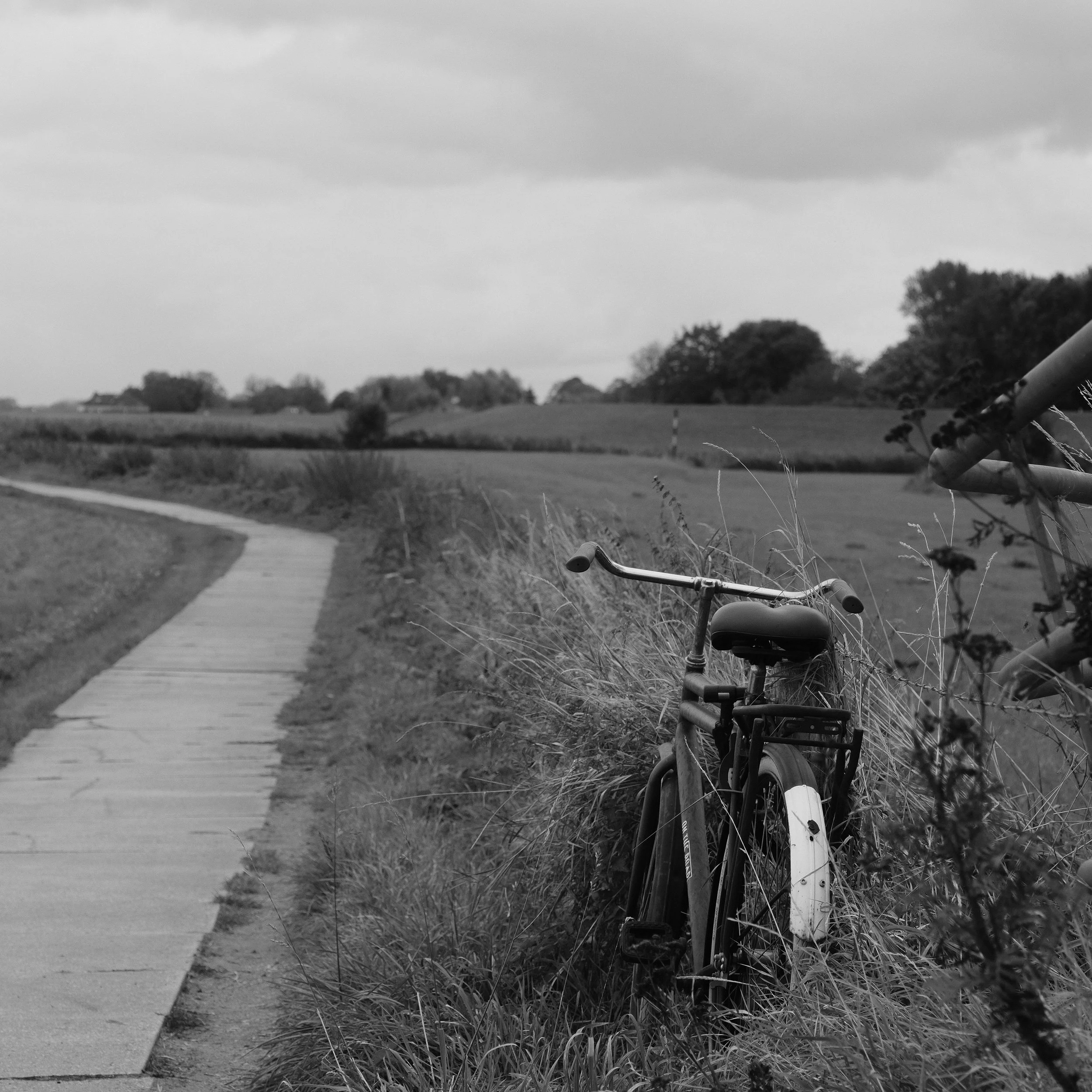 Ein altes Fahrrad steht am Straßenrand in hohem Gras neben einer schmalen, gewundenen Straße, bei bewölktem Himmel auf dem Land.