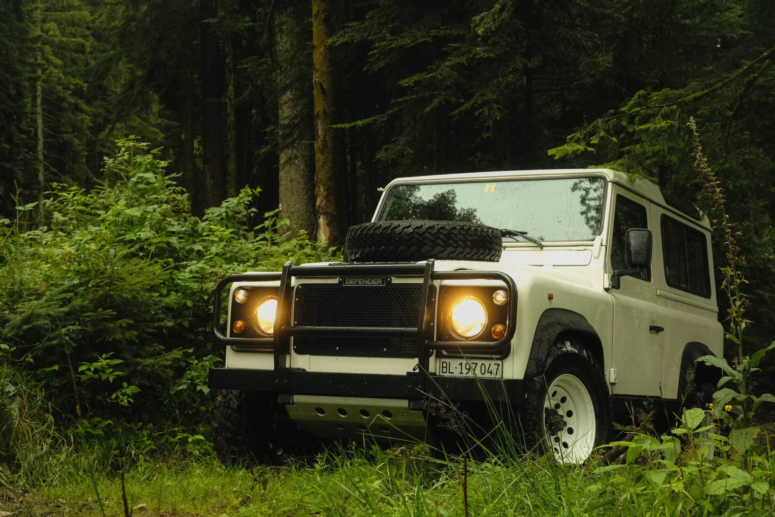 Ein weißer Land Rover Defender steht in einem grünen, bewaldeten Gebiet mit Bäumen und Buschwerk, mit eingeschalteten Scheinwerfern, auf einem unbefestigten Pfad.