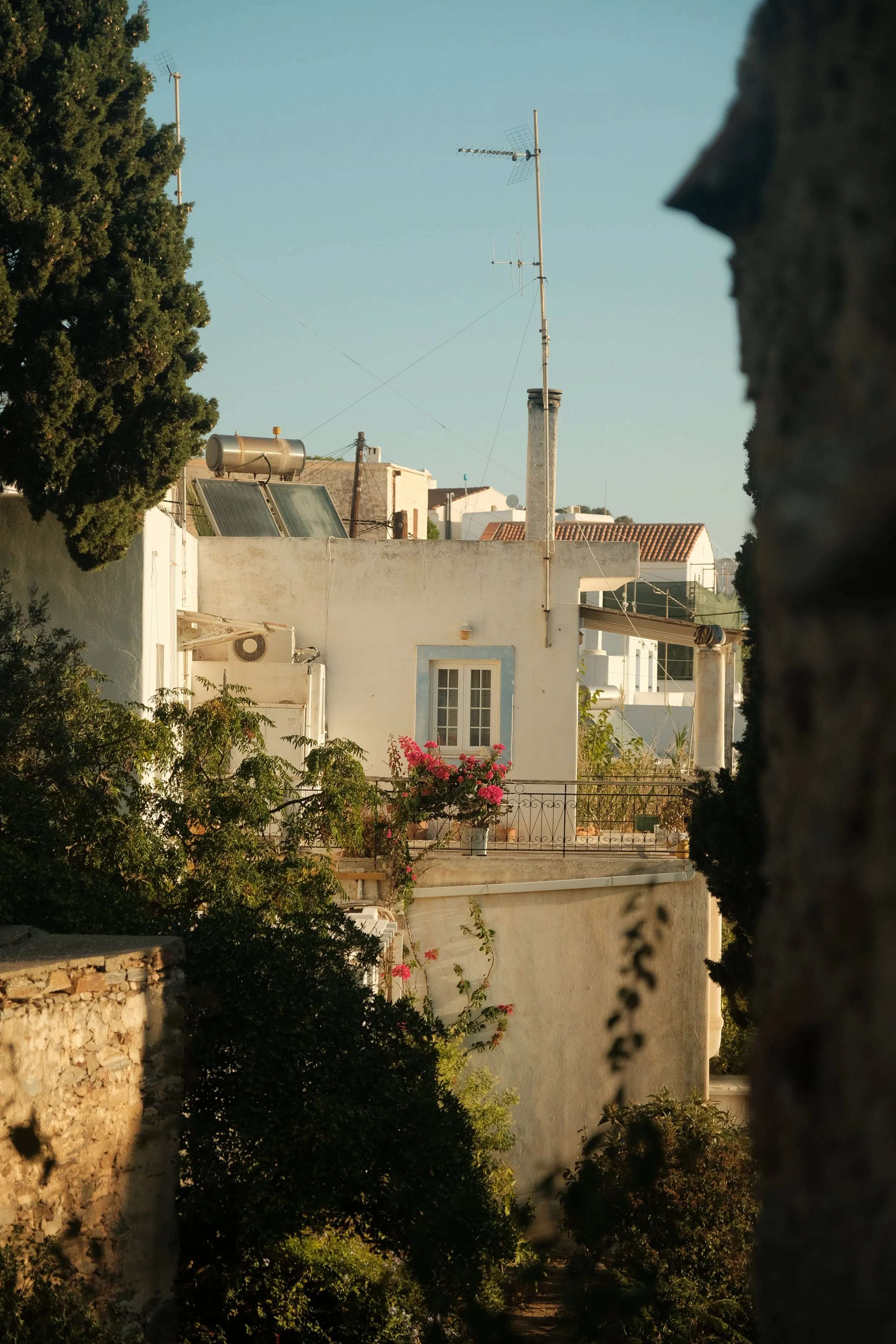 Ein Bild von einer weißen Hausfassade mit Balkon, Blumen und Pflanzen, umgeben von Bäumen und einer Mauer, im Hintergrund sichtbare Dächer und Antennen, bei Sonnenaufgang oder Sonnenuntergang.