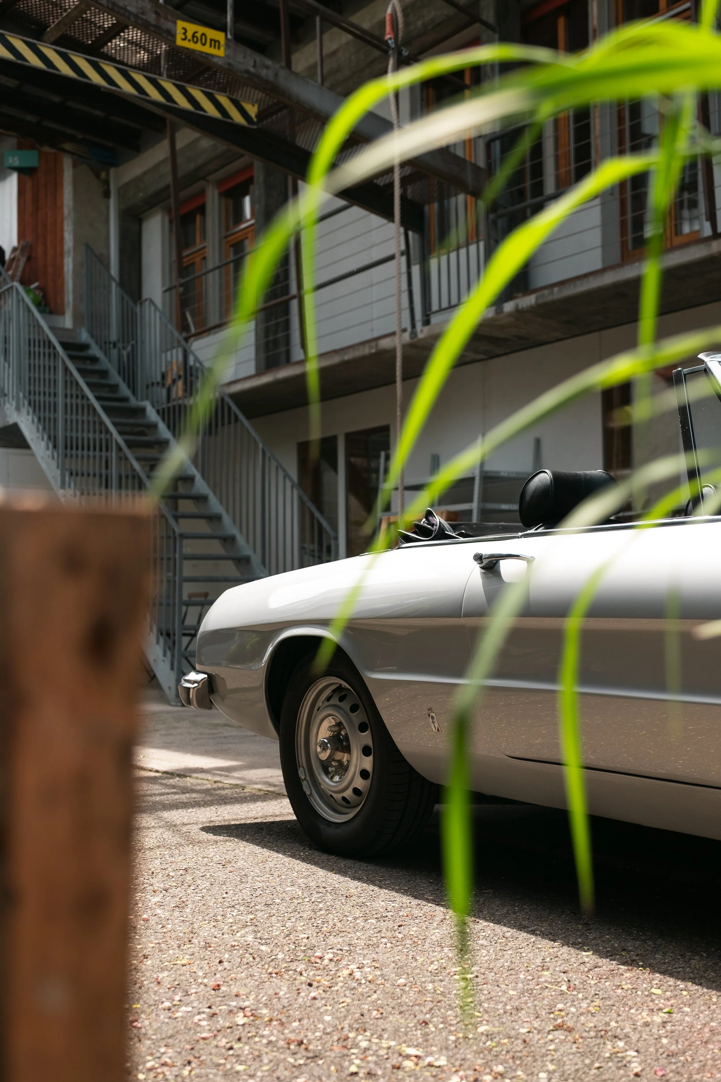 Ein silberner Oldtimer-Sportwagen, teilweise von grünen Pflanzen im Vordergrund verdeckt, vor einem Mehrparteienhaus mit Außentreppe und Balkon.