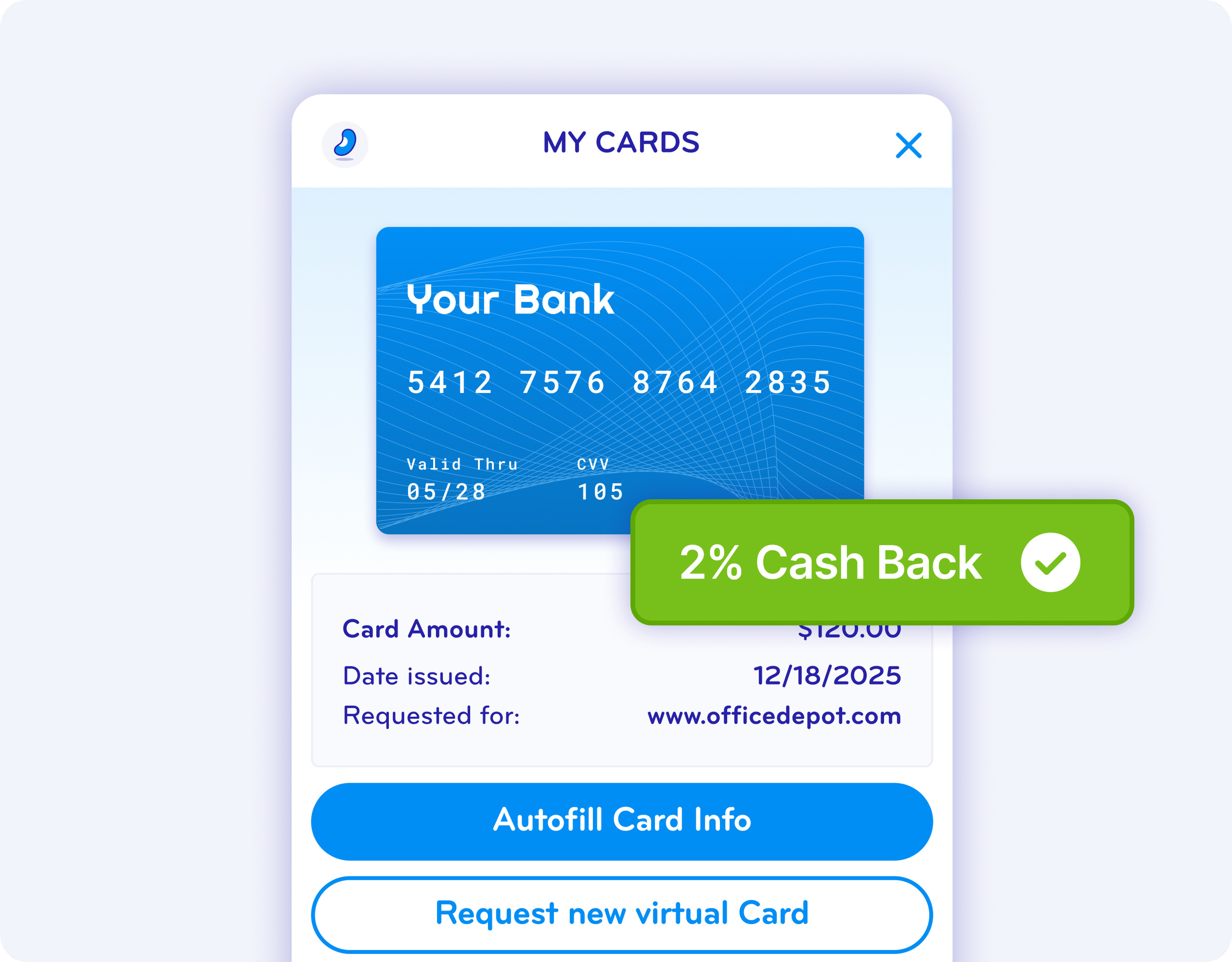 Digital wallet app displaying a virtual bank card with a green overlay that states '2% Cash Back'.