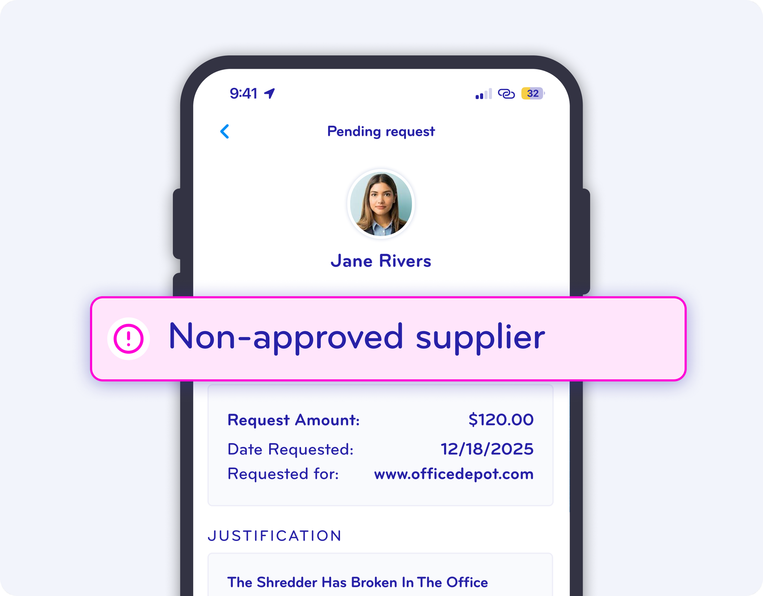 Mobile screen displays a pending request from Jane Rivers with a warning that says 'Non-approved supplier' in pink, showing the request amount of $120.00, date, and a website URL, with the time 9:41 at the top.