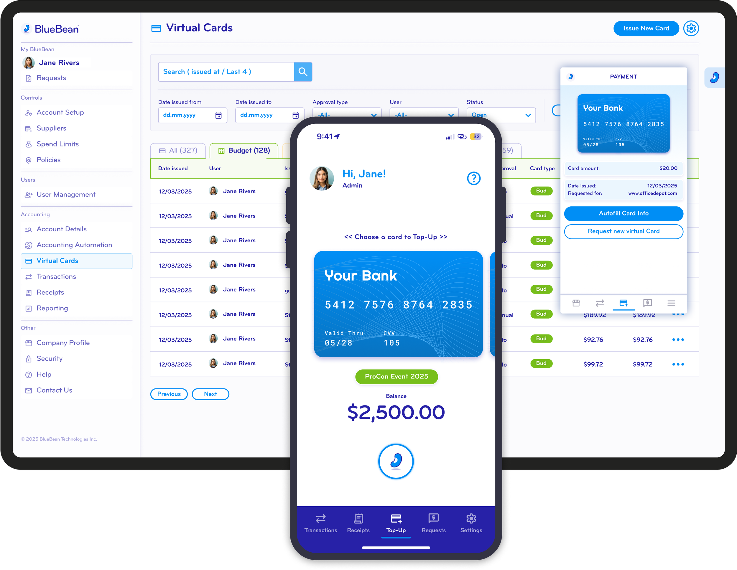 Screenshot of a mobile banking app interface showing a virtual card with card details, balance of $2,500.00, and options for top-up, along with a computer screen displaying a virtual card management system with user requests and transaction history.