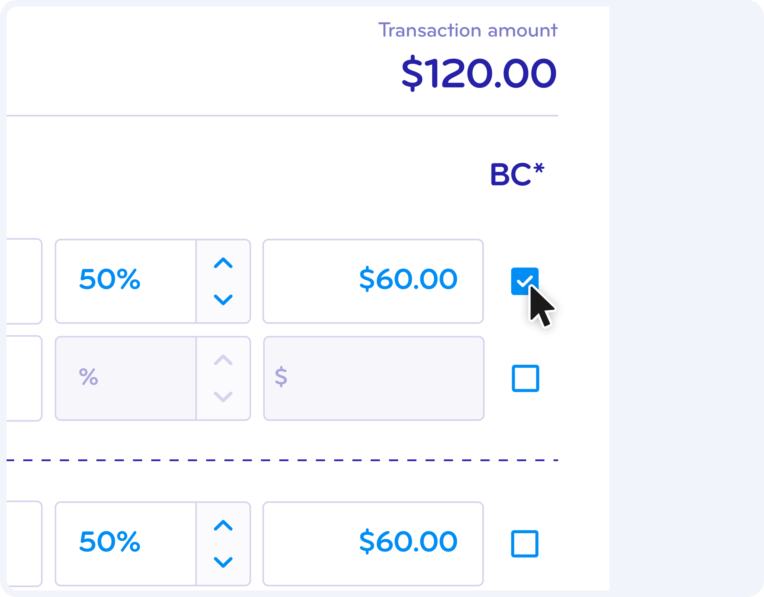 Digital screen showing a transaction amount of $120.00 with options to select discount percentage, dollar amount, and checkboxes for additional choices.