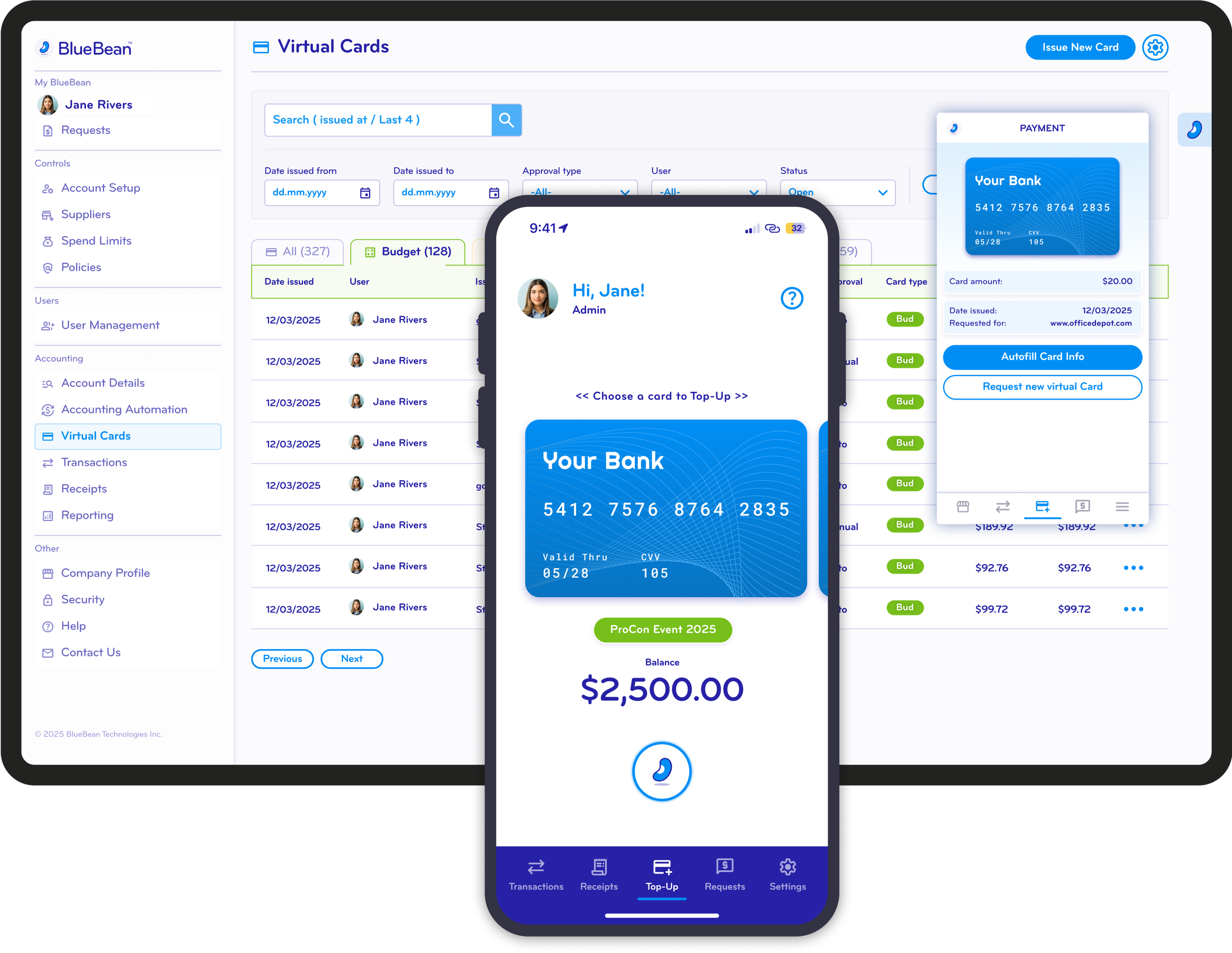 Screenshot of a banking app interface showing virtual cards, transactions, and account management, with a focus on a mobile phone displaying a virtual bank card and account balance.