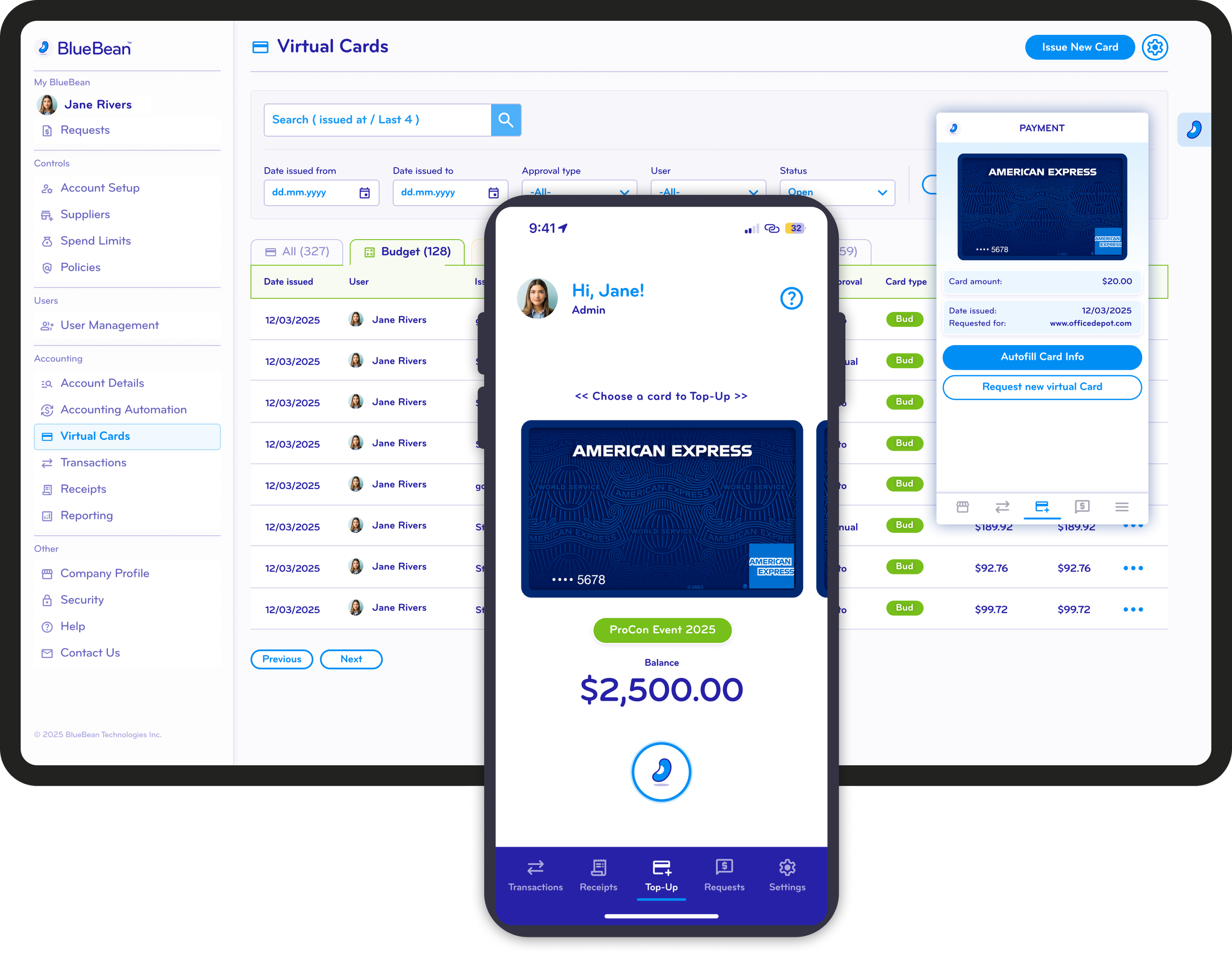 Screenshot of a finance and banking app with virtual card details, user profile, and account balance, with an additional mobile app interface showing a virtual American Express card, a top-up option, and a balance of $2,500.