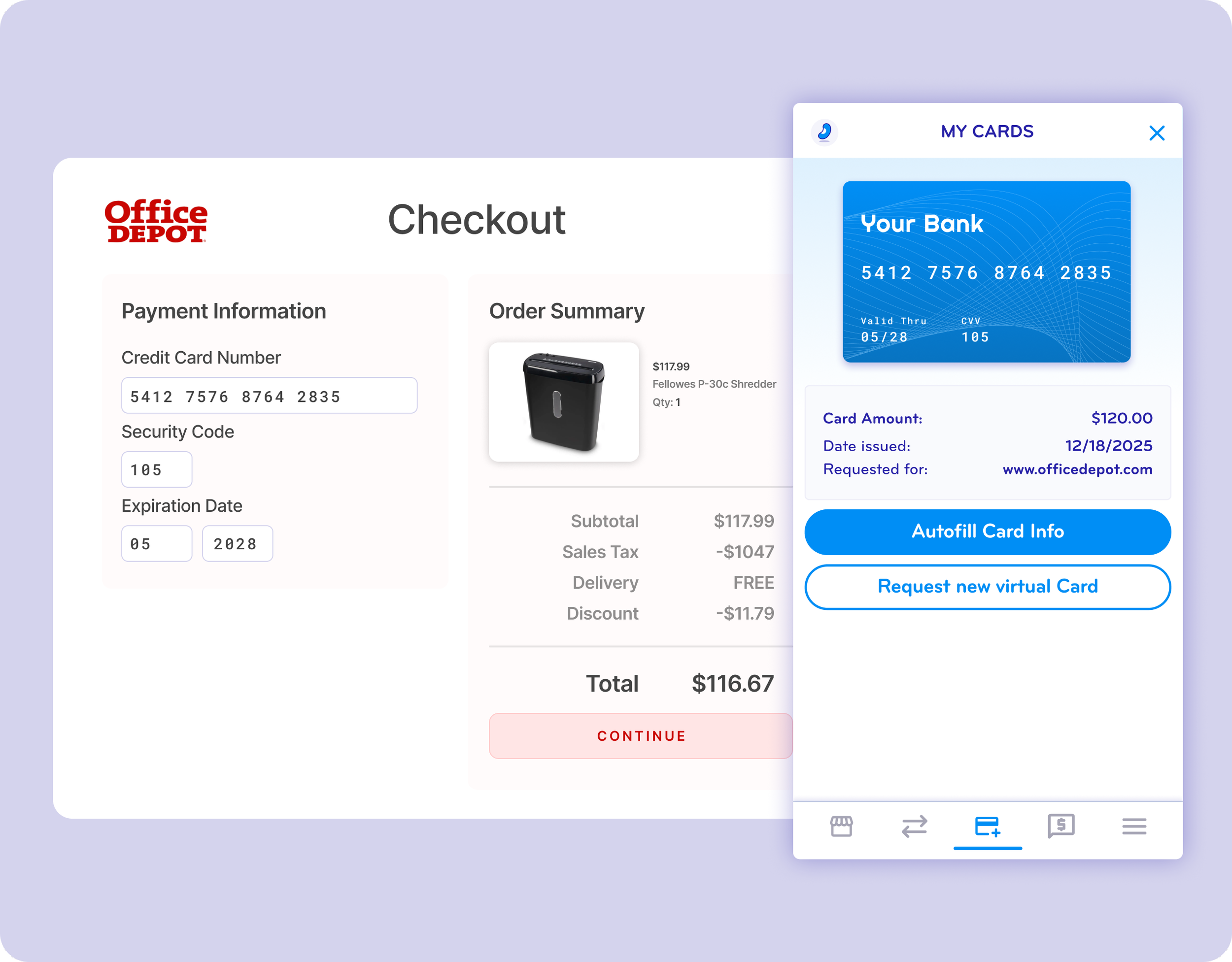 Online checkout webpage with payment details, order summary, and a virtual credit card on a mobile device screen.