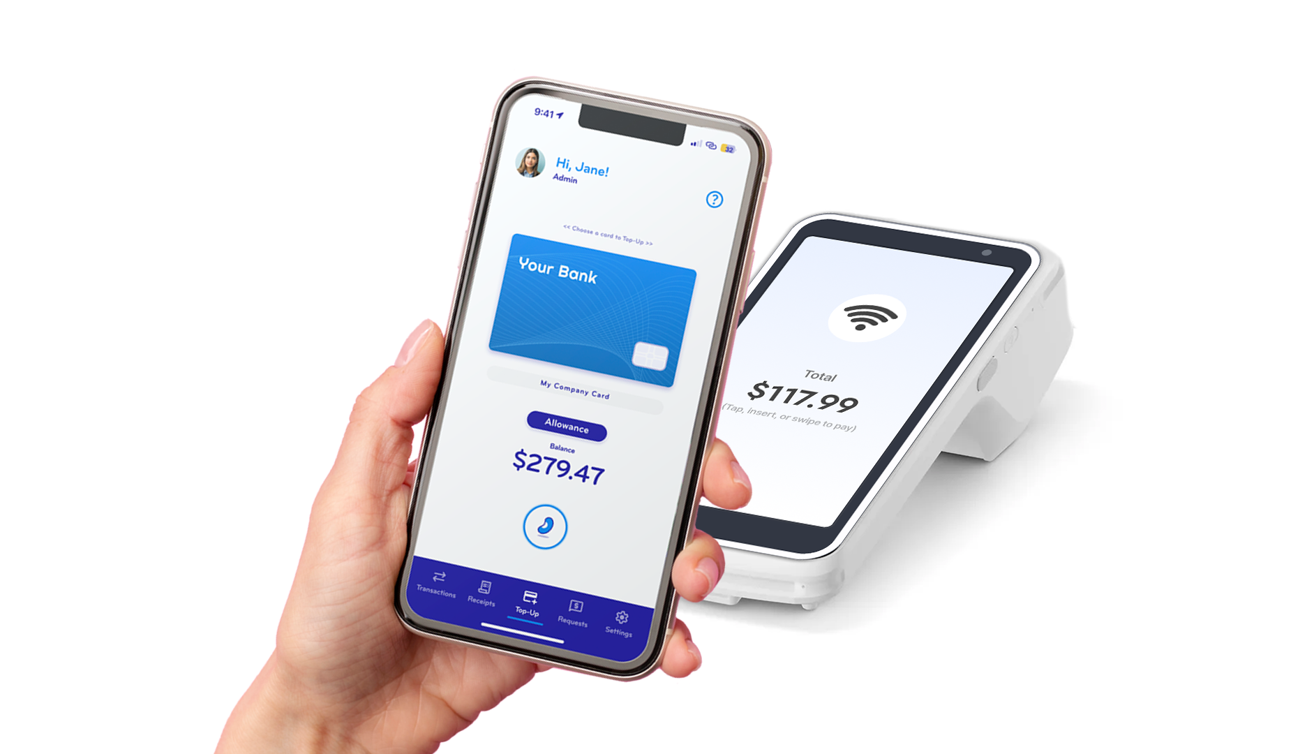 The BlueBean App being using to pay for good on a tap to pay machine
