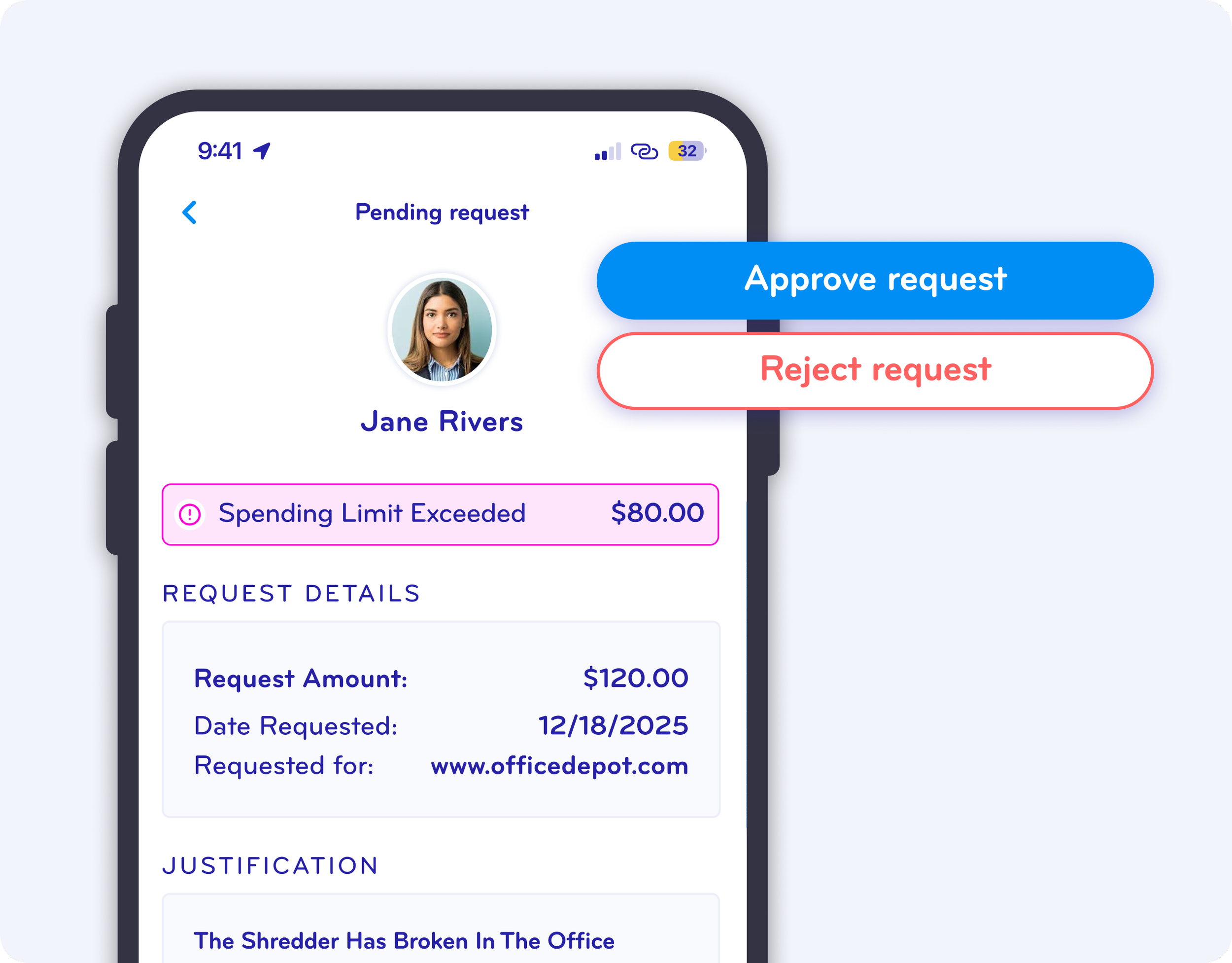 A smartphone screen showing a pending request approval interface for Jane Rivers with an alert indicating spending limit exceeded. The request details include amount, date, and website, with options to approve or reject the request.