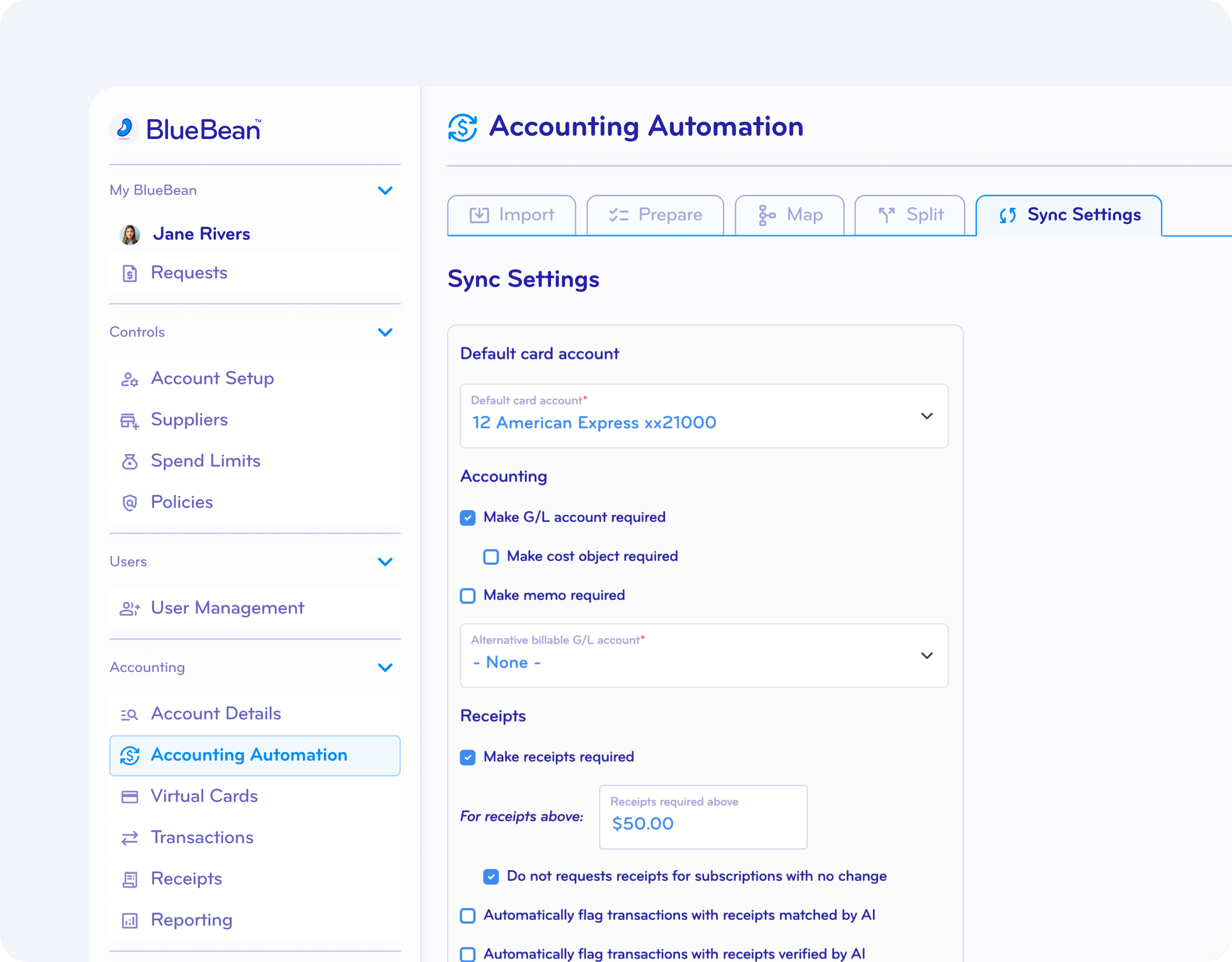 Screenshot of the BlueEan website showing the Accounting Automation section with sync settings for default card account, accounting options, and receipts preferences, including making receipts required and the receipt amount of $50.00.