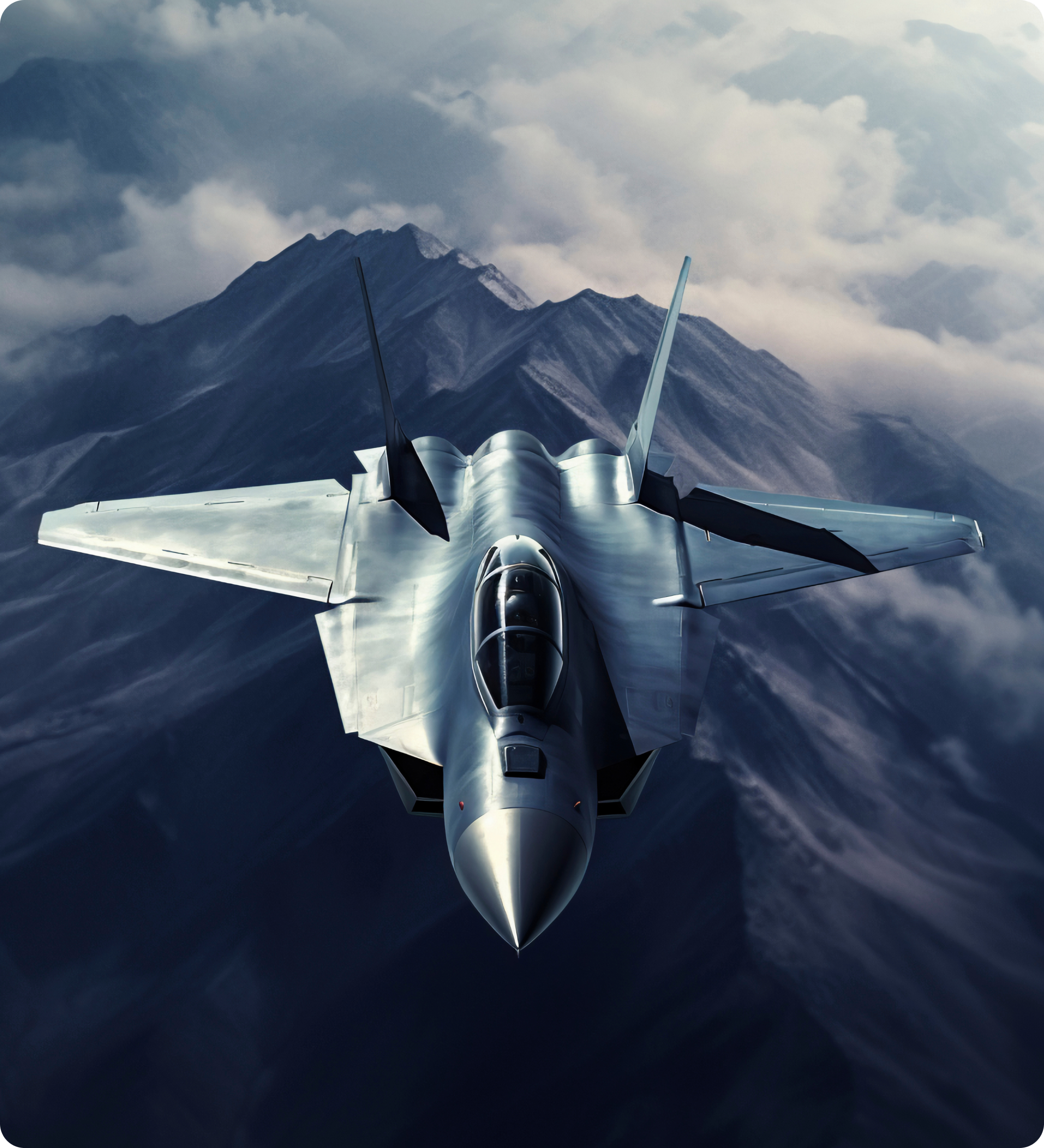 A fighter jet flying over mountainous terrain beneath cloudy skies.