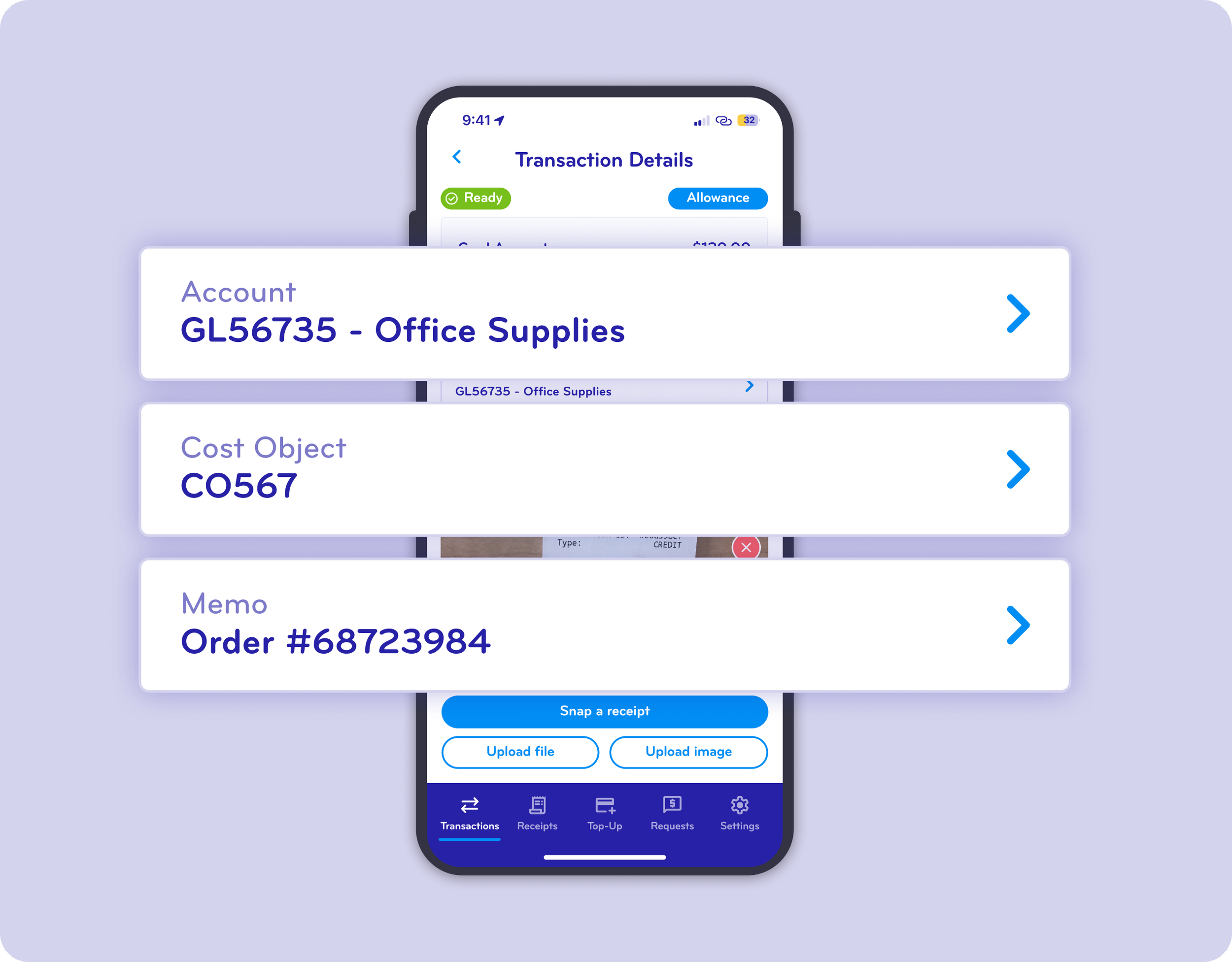 Screenshot of a mobile app displaying transaction details for office supplies, including account number GL56735, cost object C0567, and order number 68723984.