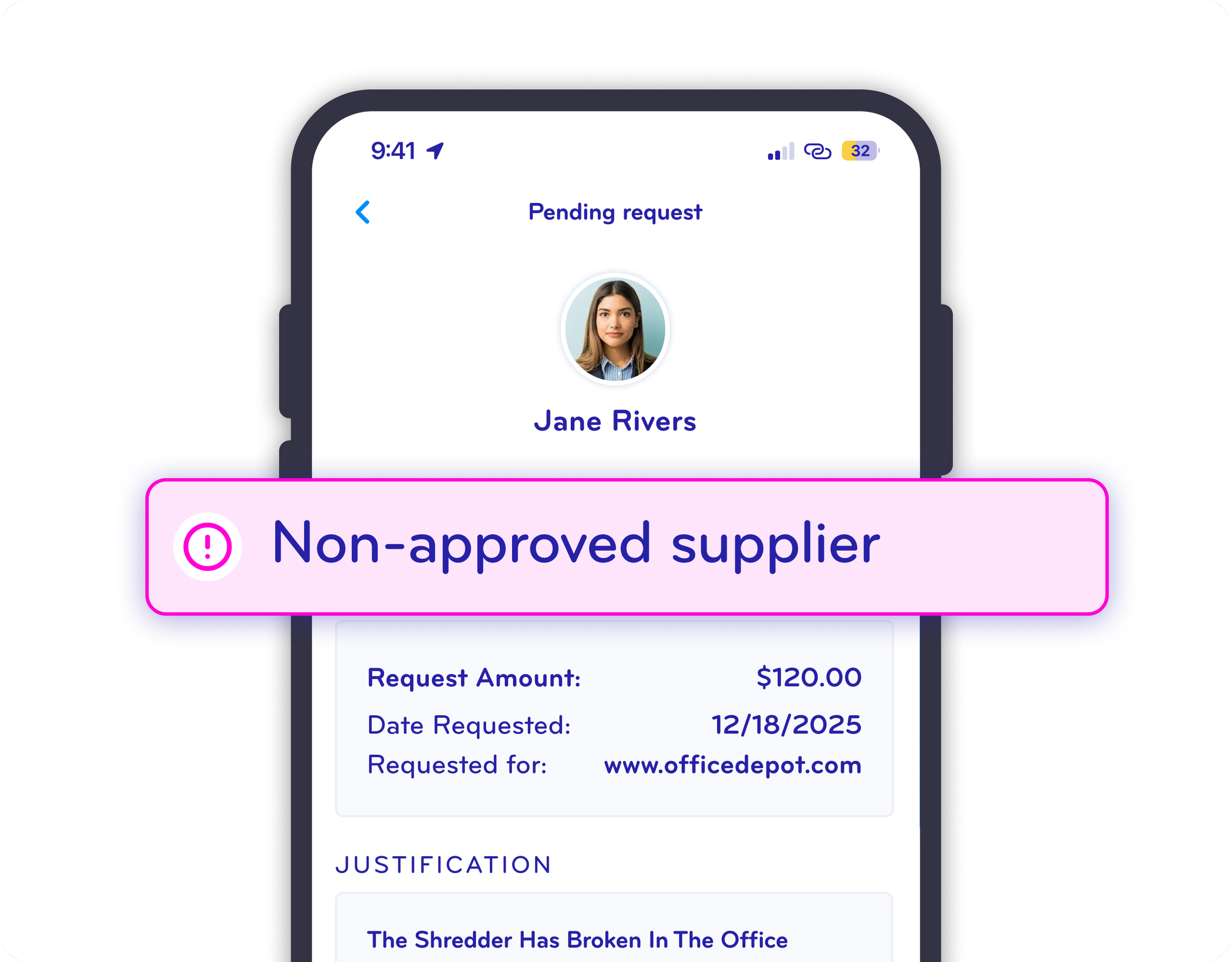 A mobile phone screen displaying a pending request from Jane Rivers with a warning label indicating non-approved supplier, including details of request amount, date, and purpose.