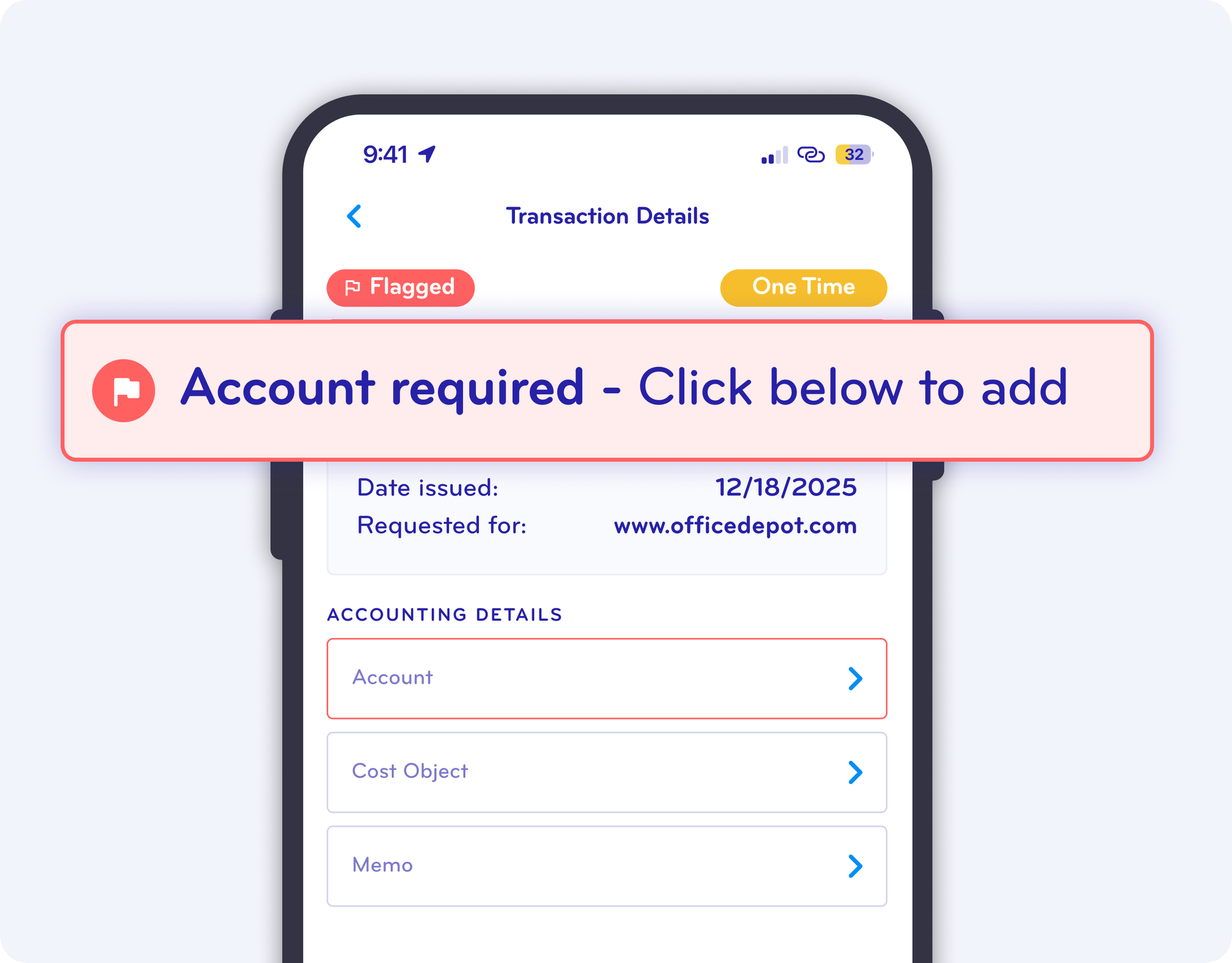 A mobile phone screen displaying a transaction with a large red banner saying 'Account required - Click below to add'. The screen background is light gray and shows transaction details such as date issued, requested for, and account information, with icons indicating the transaction is flagged and one-time use.
