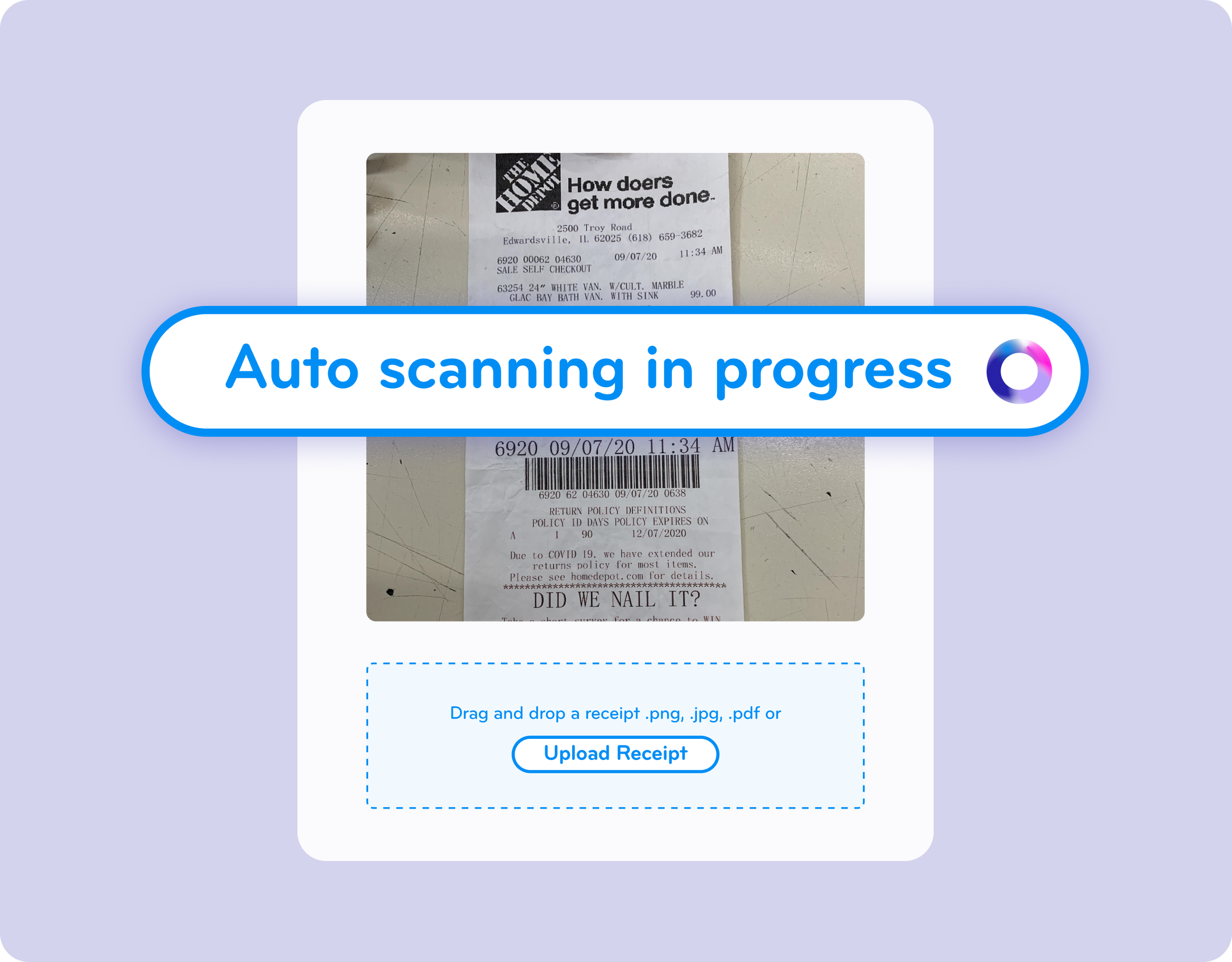 Screen showing a receipt scanning app in progress with a partially visible receipt image and a blue button labeled 'Upload Receipt' on a light purple background.