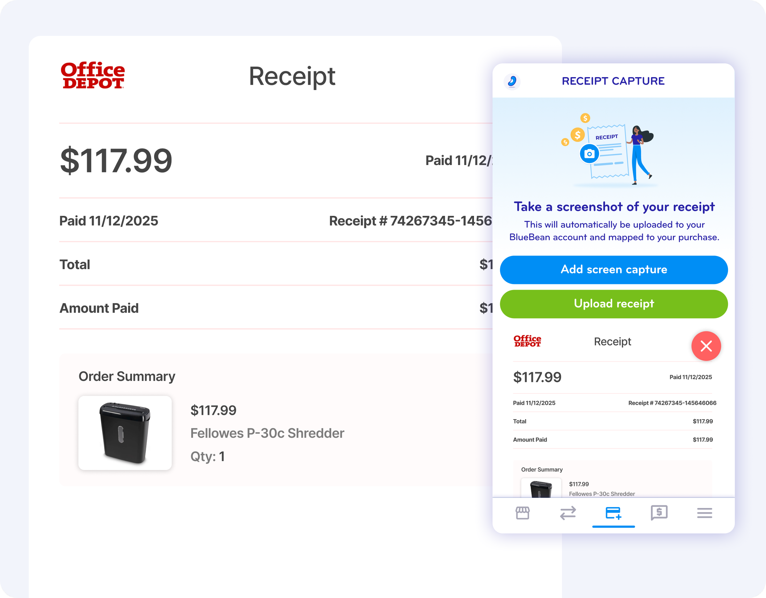Screenshot of an Office Depot receipt for a Fellowes P-30c Shredder costing $117.99, paid on 11/12/2025, with options to add a screenshot or upload a receipt on a mobile app.