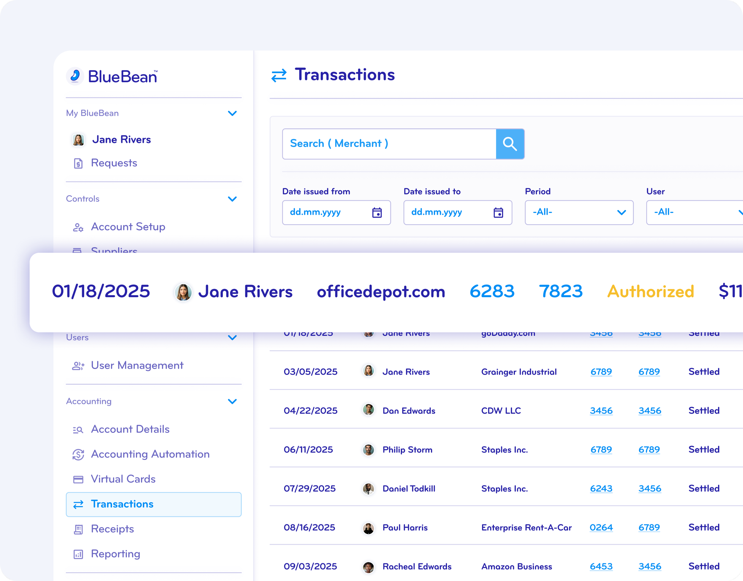 Screenshot of a financial management software dashboard displaying transactions with details such as date, client name, company, transaction numbers, status, and amounts.