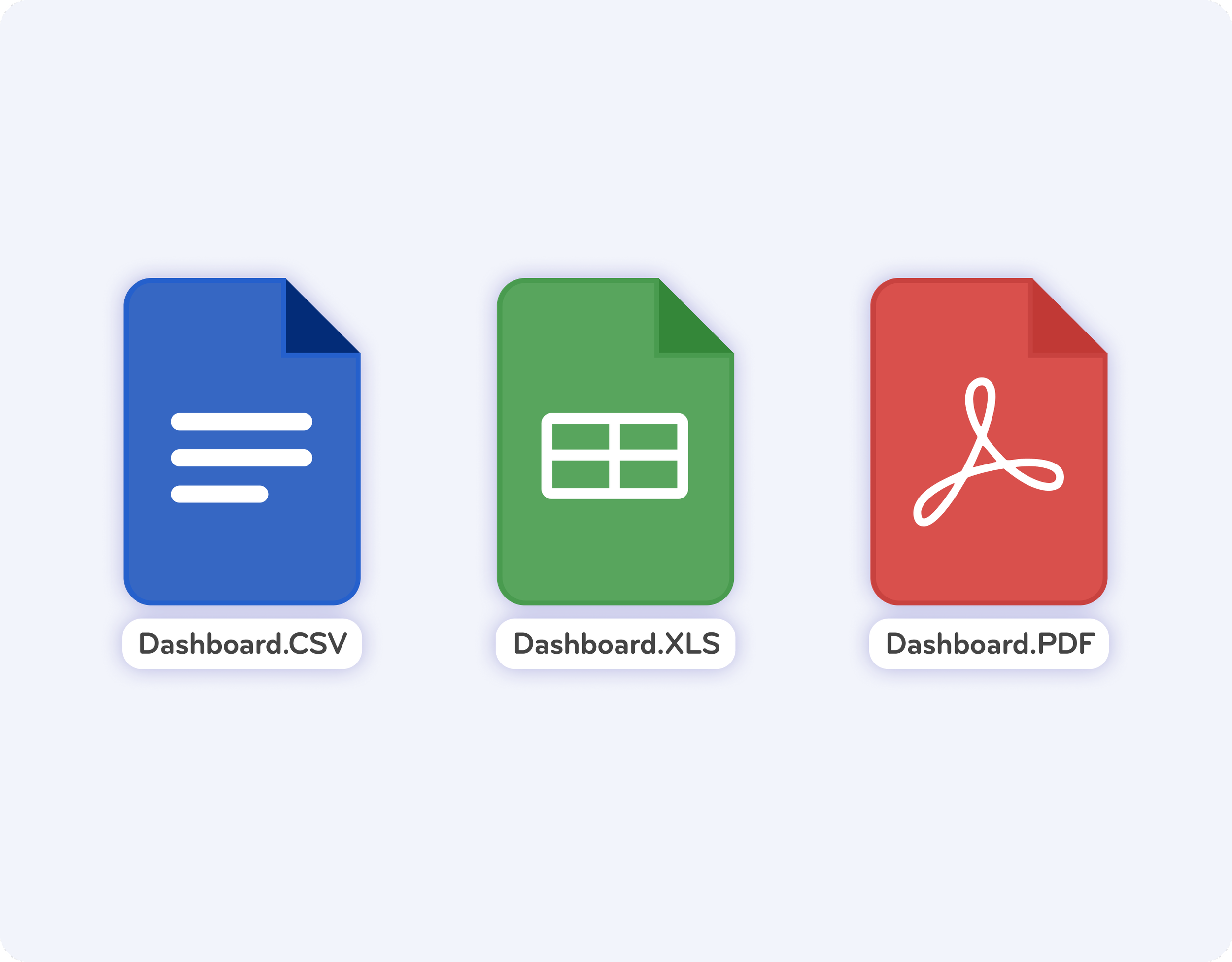 Icons of three digital document files with labels: Dashboard.CSV, Dashboard.XLS, and Dashboard.PDF.