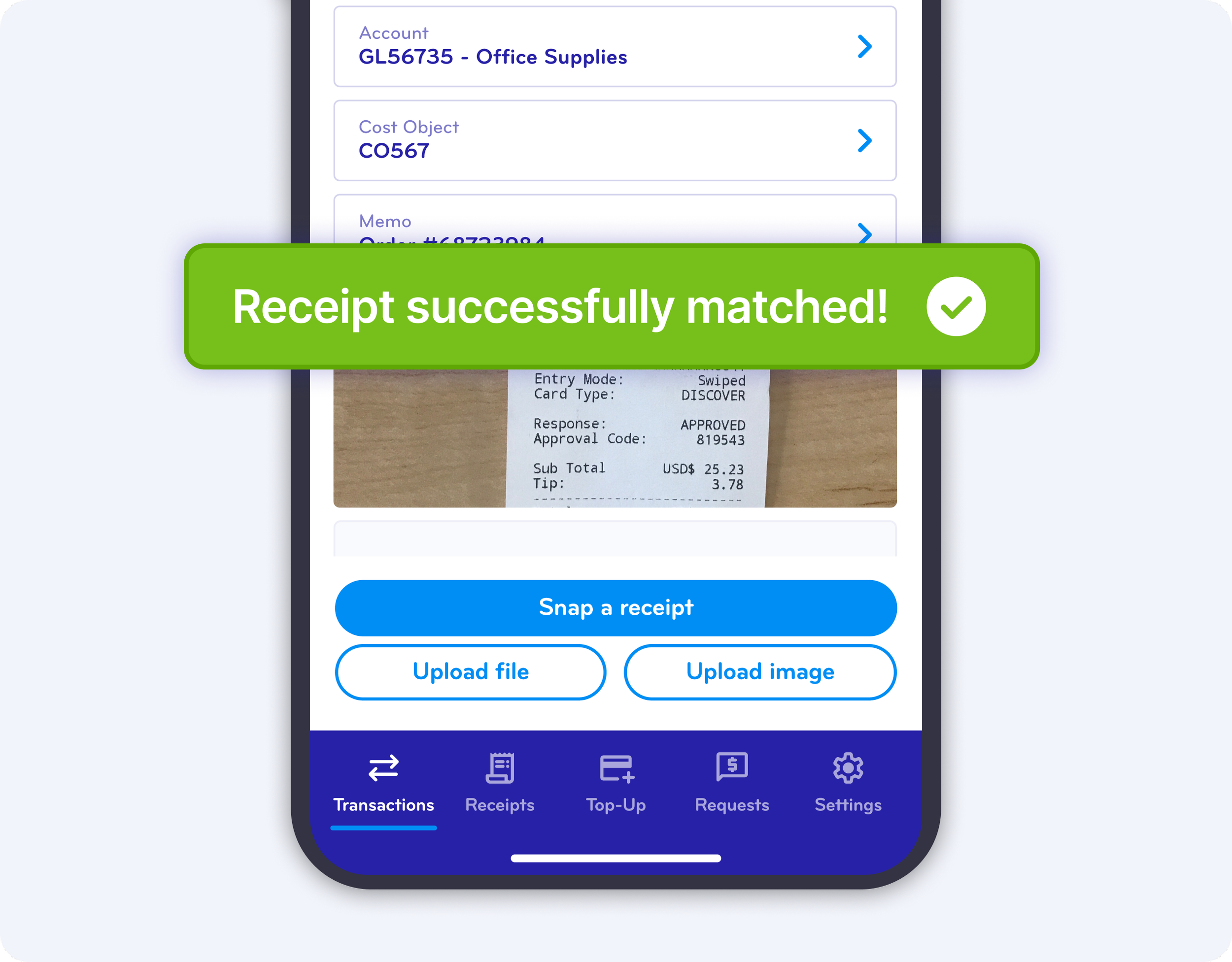 Mobile phone screen showing a banking or payment app with a green banner that says 'Receipt successfully matched!' and a photo of a receipt with purchase details.
