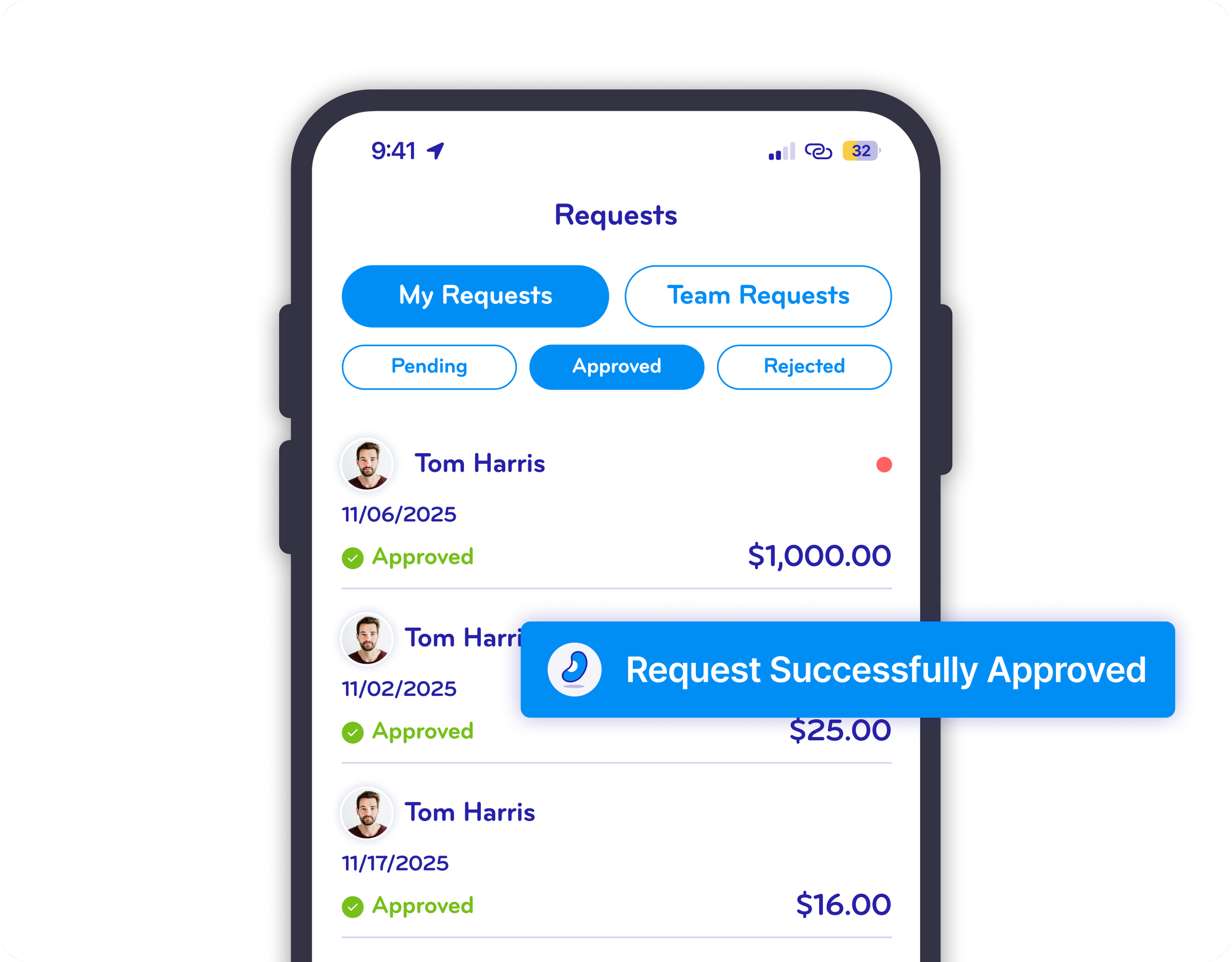 A mobile phone screen displays a financial app with a list of approved requests from Tom Harris, showing dates and amounts, with a message overlay that says 'Request Successfully Approved'.