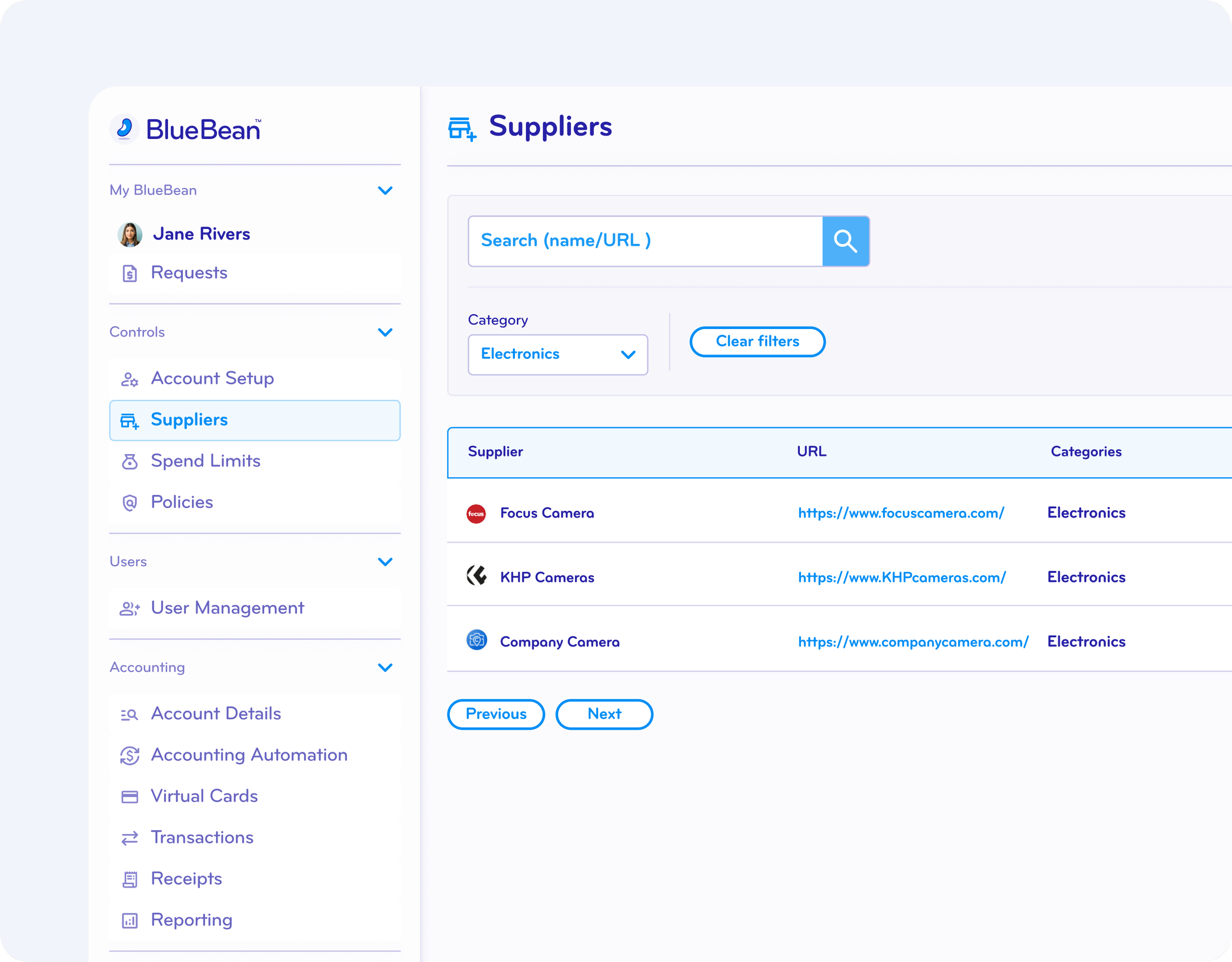 Screenshot of a web application interface for BlueBean, showing a sidebar menu and a main content area. The sidebar includes sections for user Jane Rivers' account setup, suppliers, spend limits, policies, user management, and accounting options. The main area displays the Suppliers tab with a search bar, filter options for categories, and a list of suppliers with their URLs, including Focus Camera, KHP Cameras, and Company Camera, all categorized under Electronics.