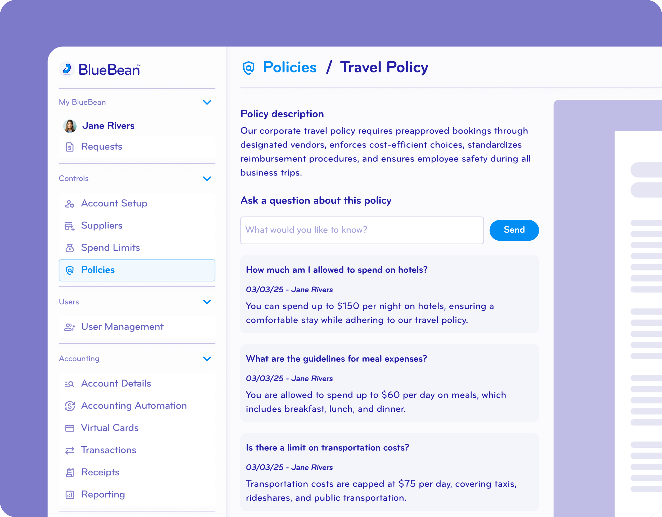 Screenshot of a Bluehost webpage showing a travel policy section. The page includes a sidebar with user info, account setup, policies, user management, and accounting options. The main section provides policy details for travel expenses, including hotel and meal limits, with questions and answers.