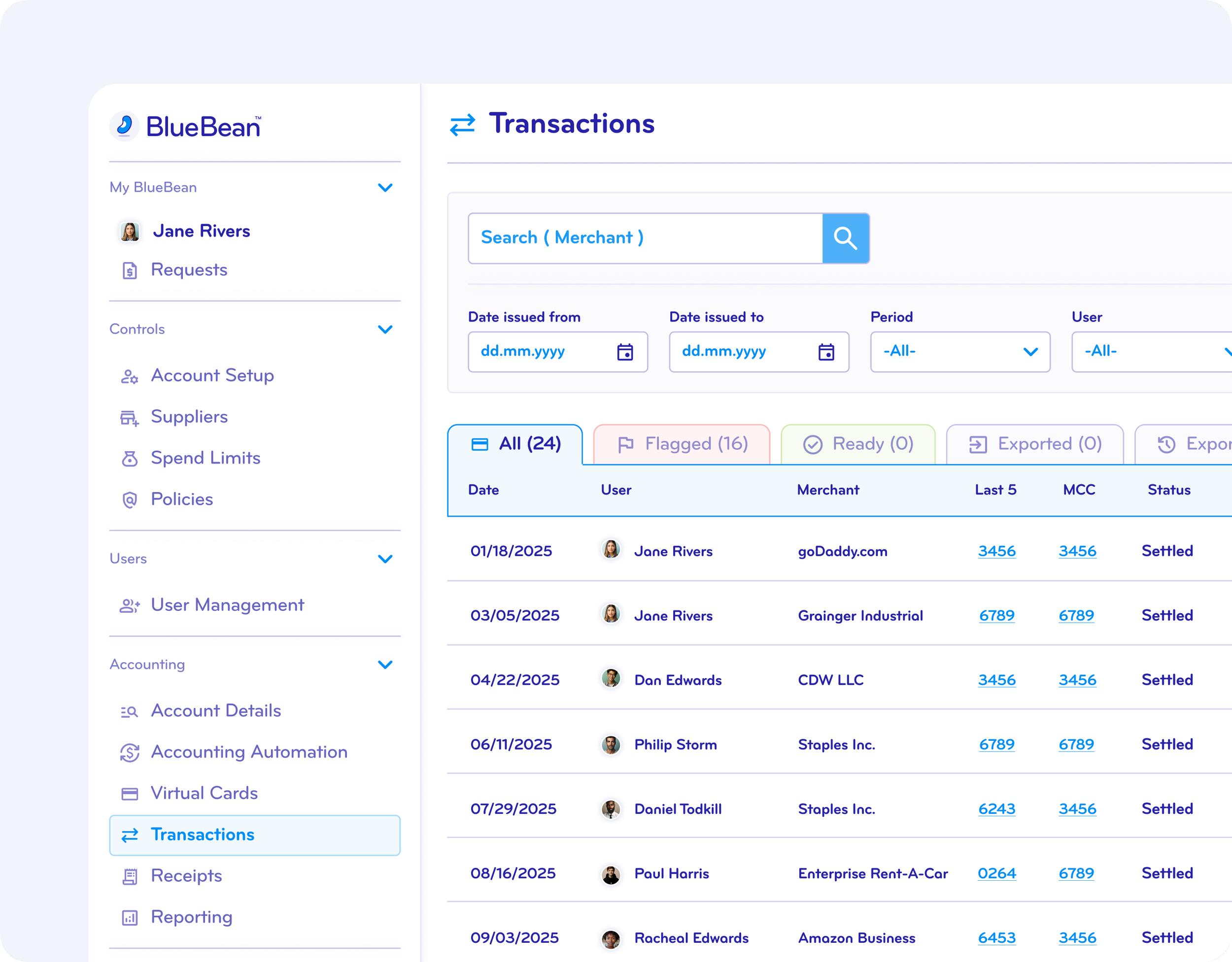 Screenshot of BlueBean software interface showing transaction history, user details, dates, merchant names, last 5 digits of MCC, and statuses.