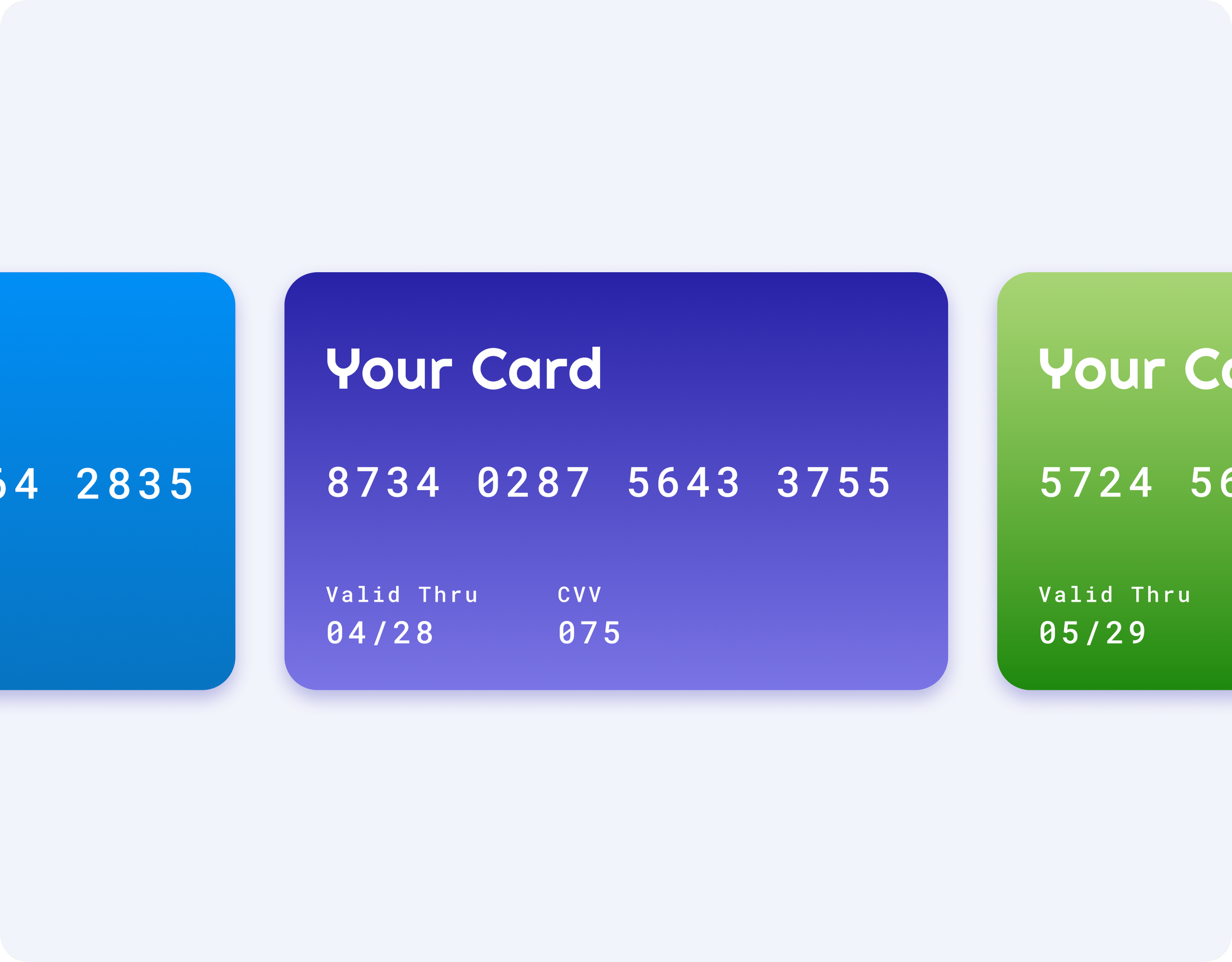 Image of three credit cards in blue, purple, and green colors with card numbers, expiration dates, and CVV.