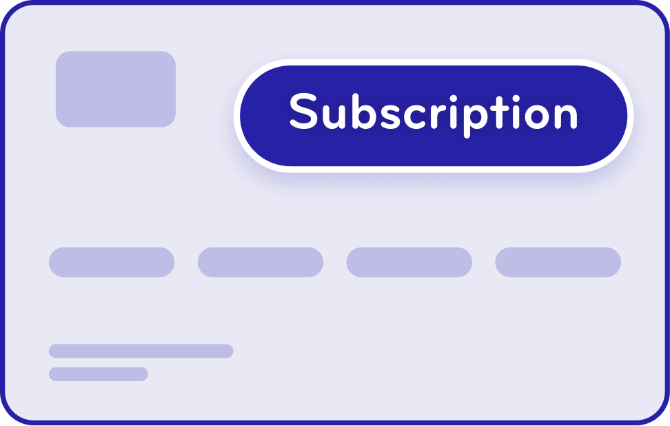 A digital subscription webpage with a large blue 'Subscription' button at the top, surrounded by placeholder text fields and light purple accent shapes.