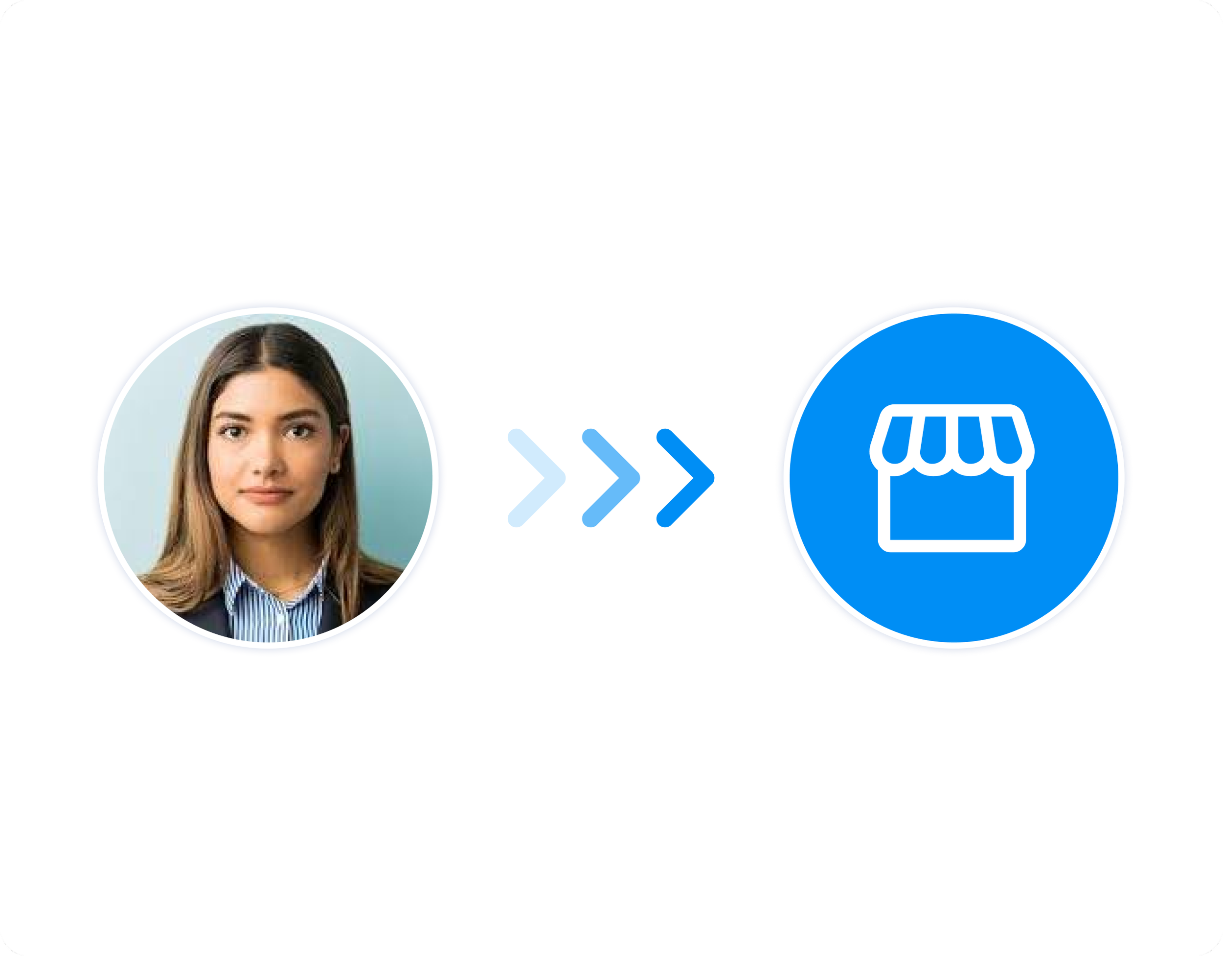 A woman in business attire on the left and a storefront icon on the right with arrows pointing from the woman to the storefront.