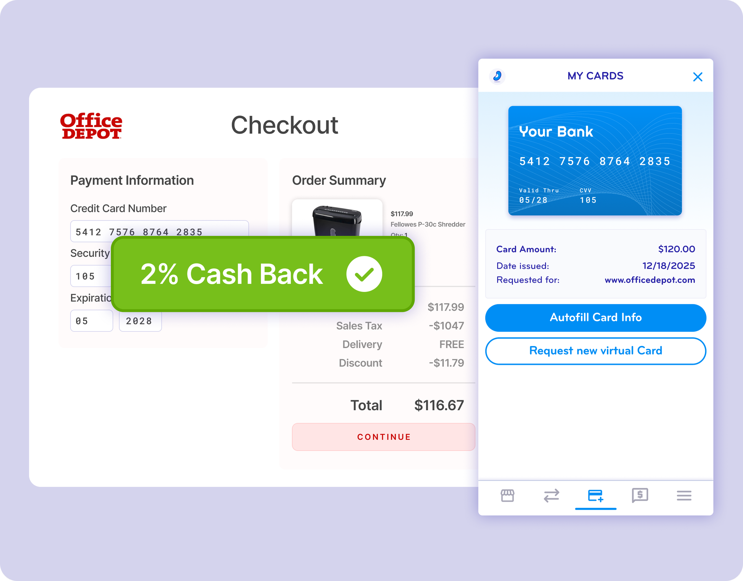 Online Office Depot checkout page showing a partial credit card number, order summary, and a virtual card for payment, with a green banner indicating 2% cashback.