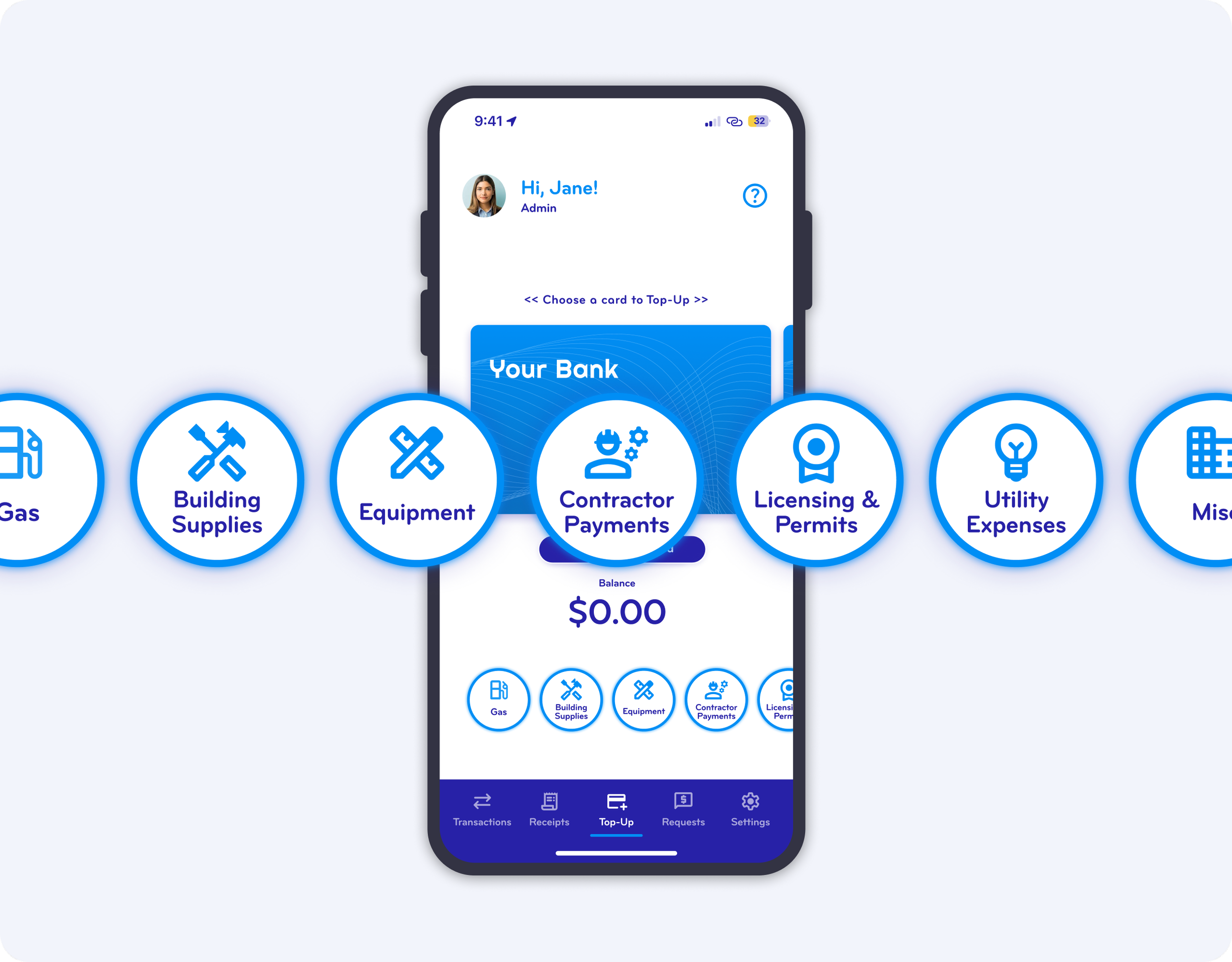 A smartphone displaying a banking app with a section for selecting expense categories, including gas, building supplies, equipment, contractor payments, licensing & permits, utility expenses, and miscellaneous.