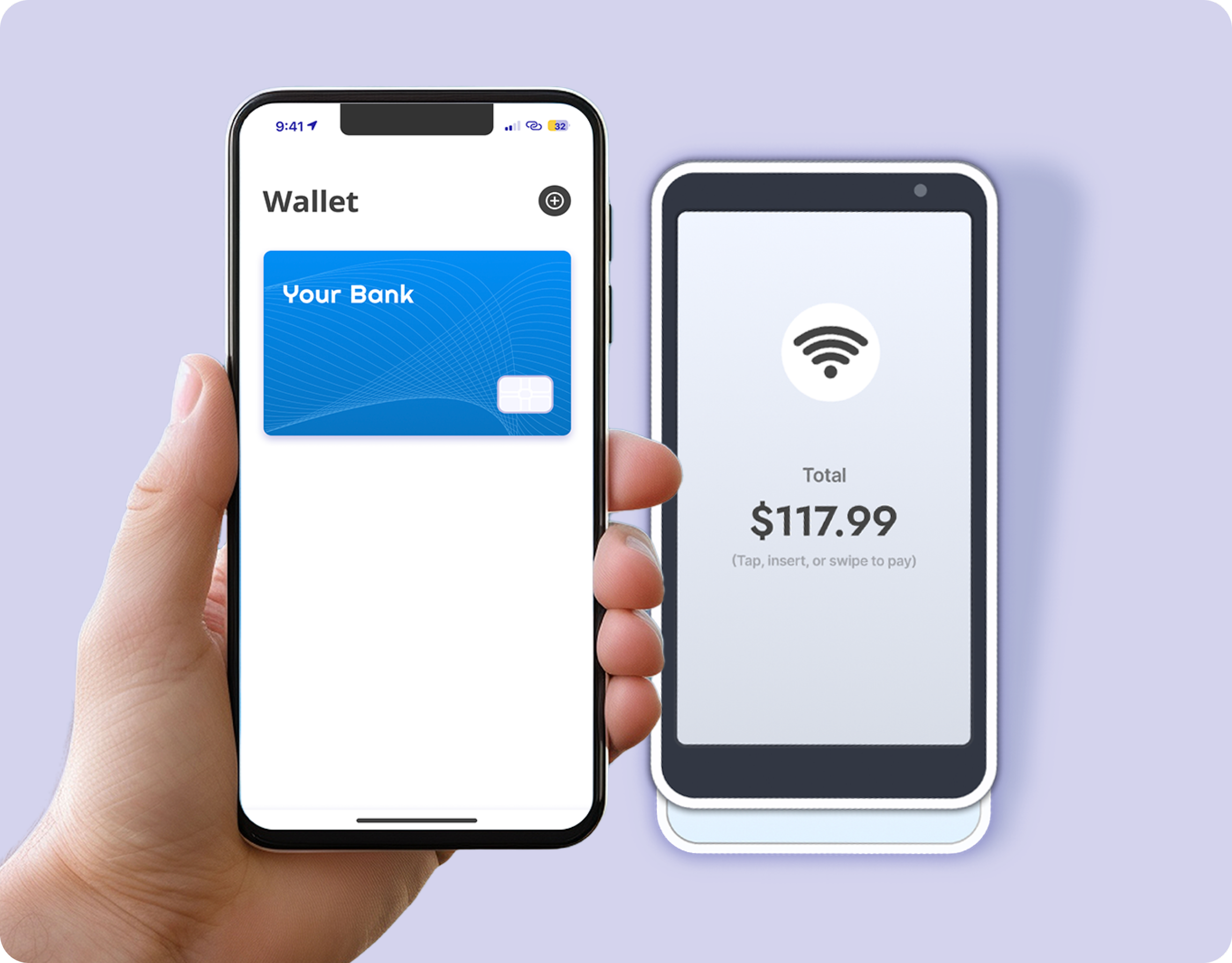 A person holding a smartphone with a digital wallet app open, showing a bank card named Your Bank. Next to it, a separate phone displays a contactless payment terminal with a total of $117.99 for a wireless transaction.