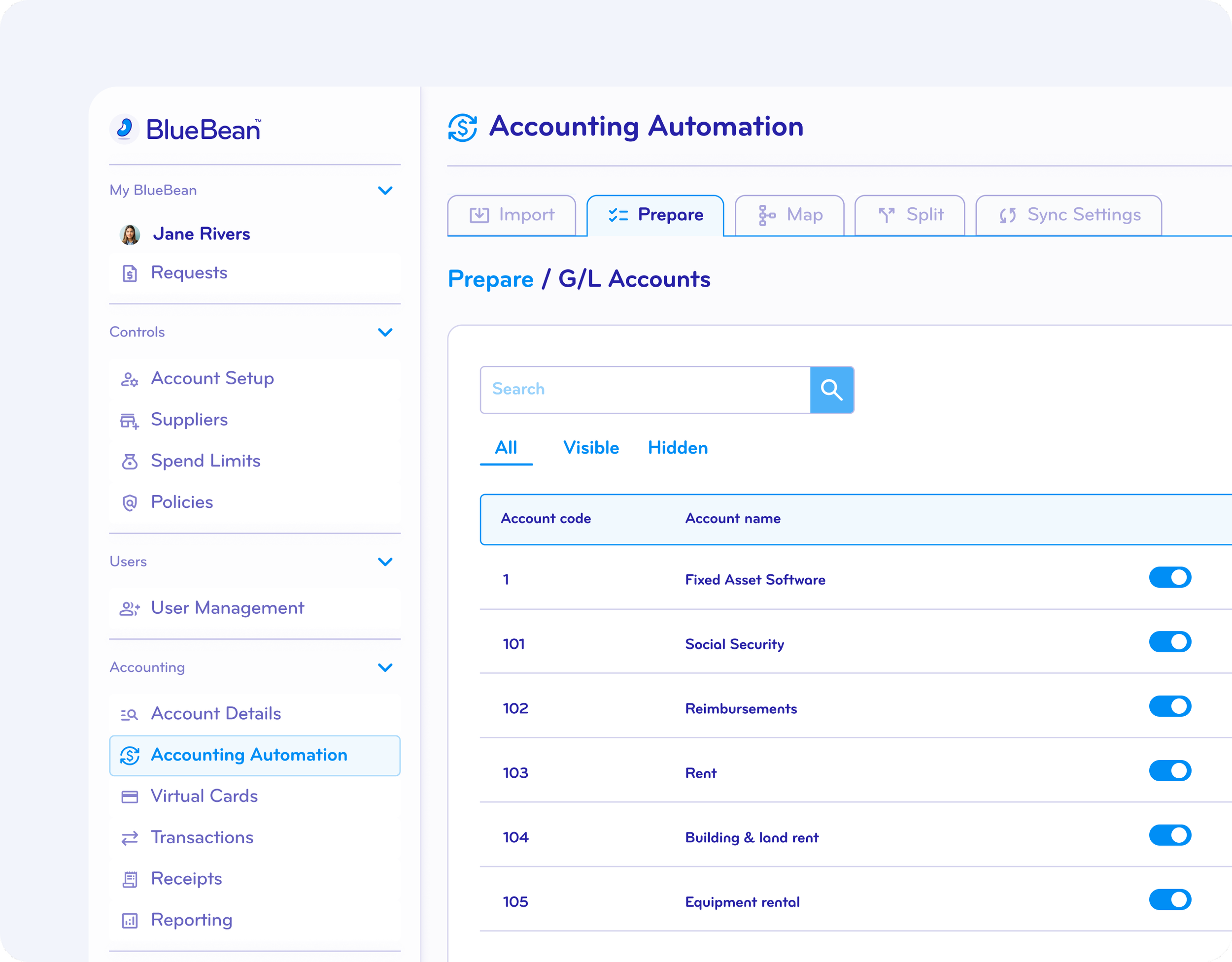 Screenshot of a computer screen showing the BlueBean accounting automation interface, with a sidebar menu and a list of financial accounts like Fixed Asset Software, Social Security, Reimbursements, Rent, Building & Land Rent, and Equipment Rental.