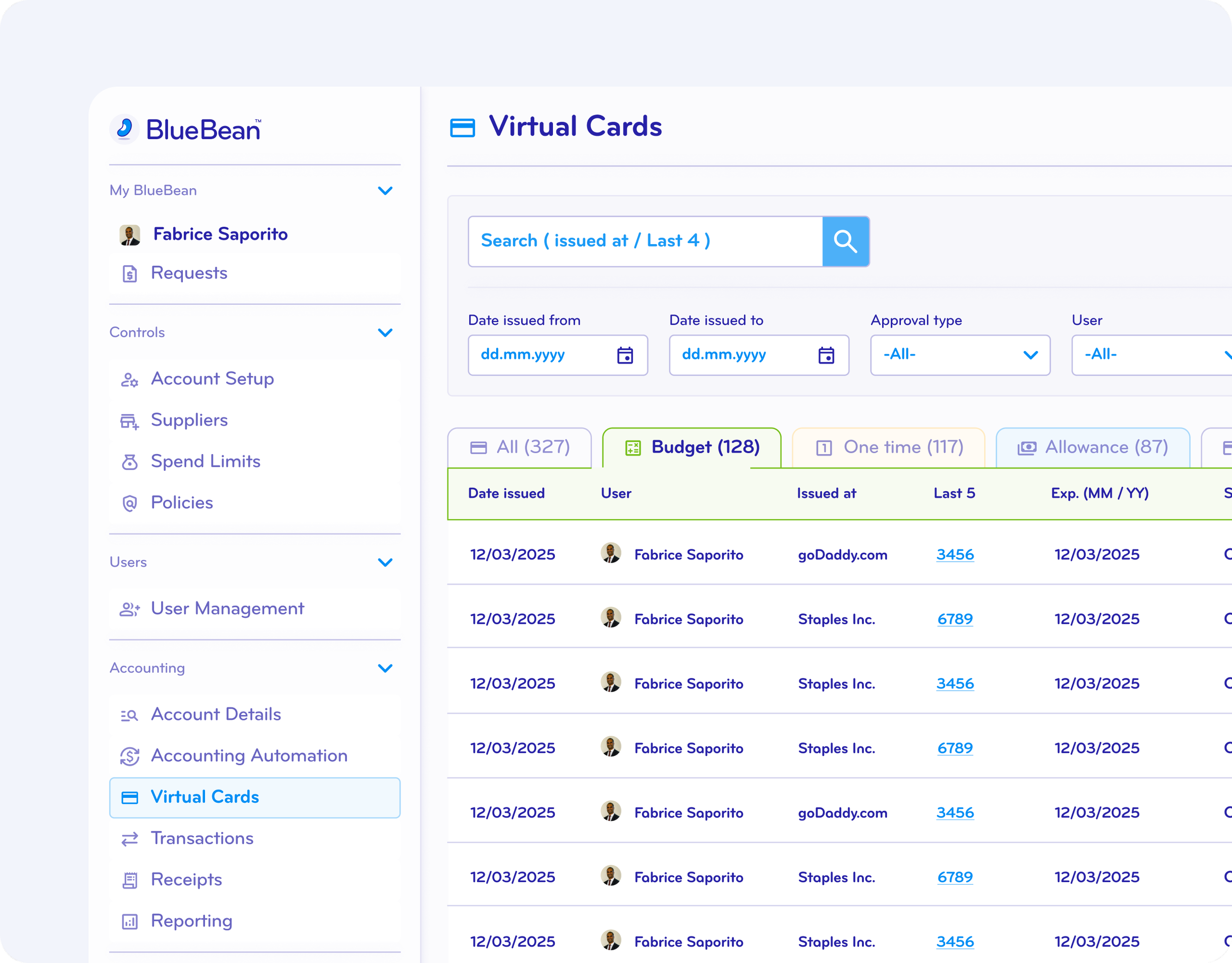 Screenshot of financial management software interface showing a list of virtual cards issued to Fabrice Saporito, with details like issue date, user, issuer, transaction number, and expiration date.