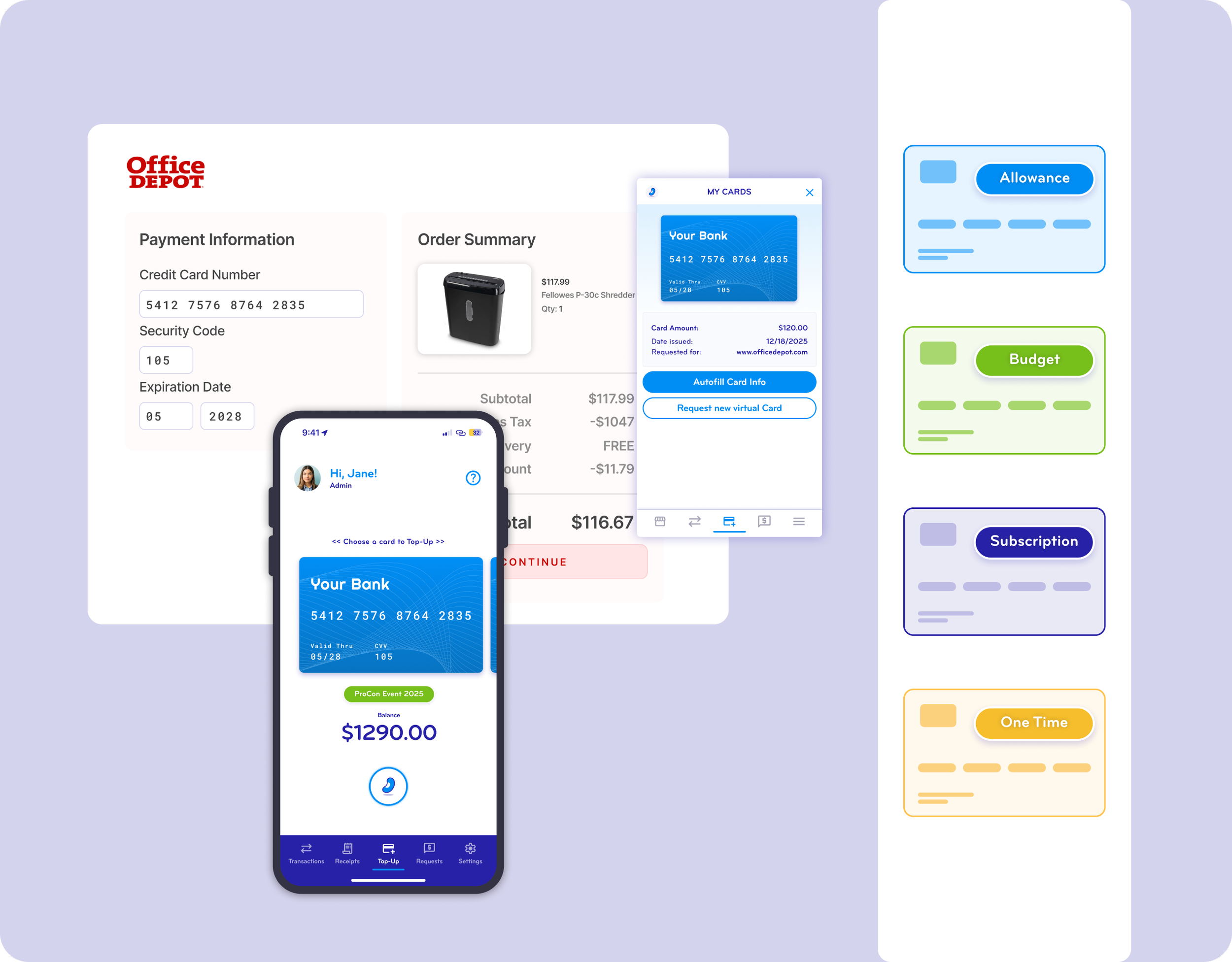 Digital diagrams and screenshots of mobile banking and payment app interfaces, displaying a credit card, transaction details, card top-up process, and various account categories like allowance, budget, subscription, and one-time payment.