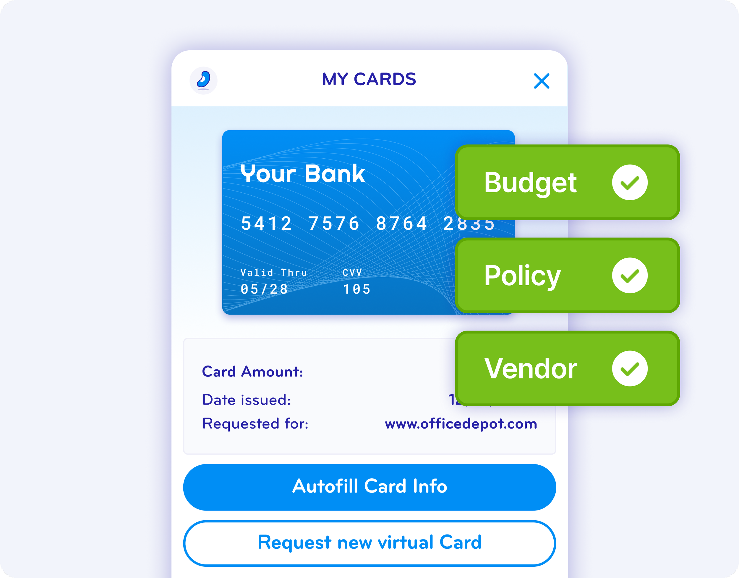 Mobile banking app screen displaying a virtual credit card from Your Bank with options for Budget, Policy, and Vendor, each marked with a green check.