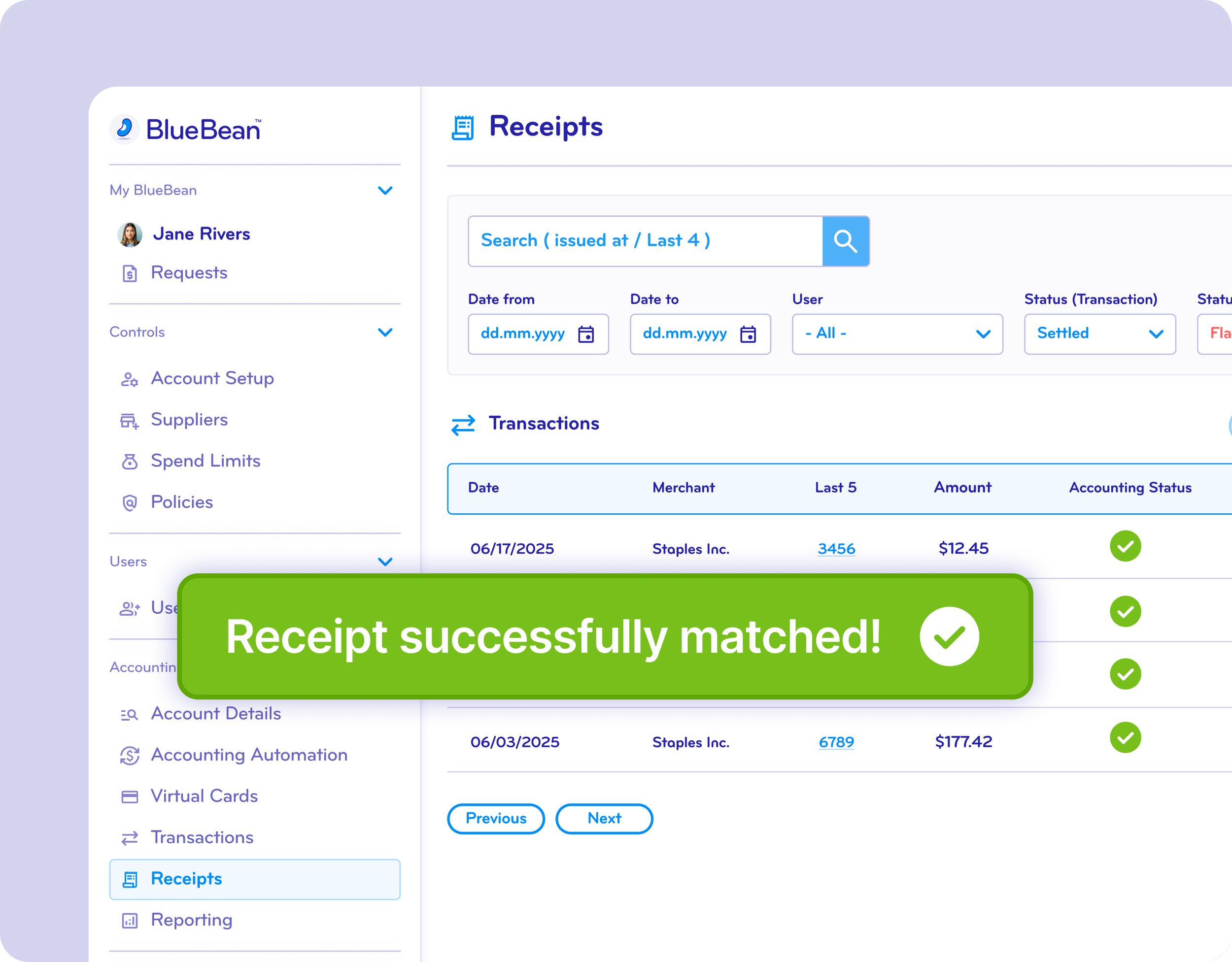 Screenshot of a financial management software interface showing a list of transactions, with a green overlay message stating 'Receipt successfully matched!'