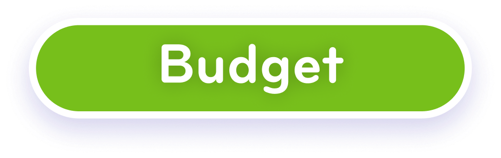 Green button with white text that says 'Budget' inside an oval shape with a blue border.