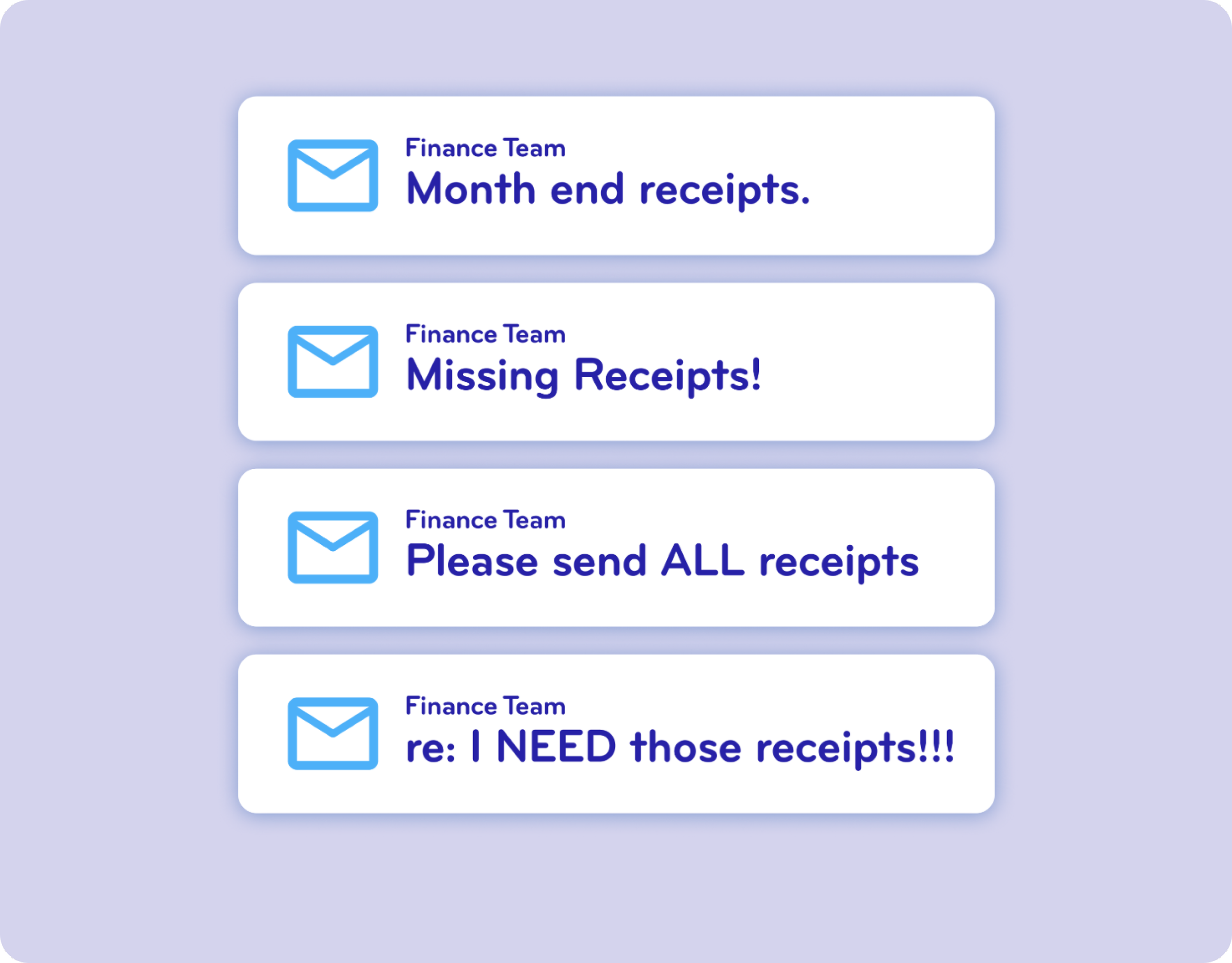 Four email notifications from the Finance Team regarding receipts, including 'Month end receipts', 'Missing Receipts!', 'Please send ALL receipts', and 're: I NEED those receipts!!!'