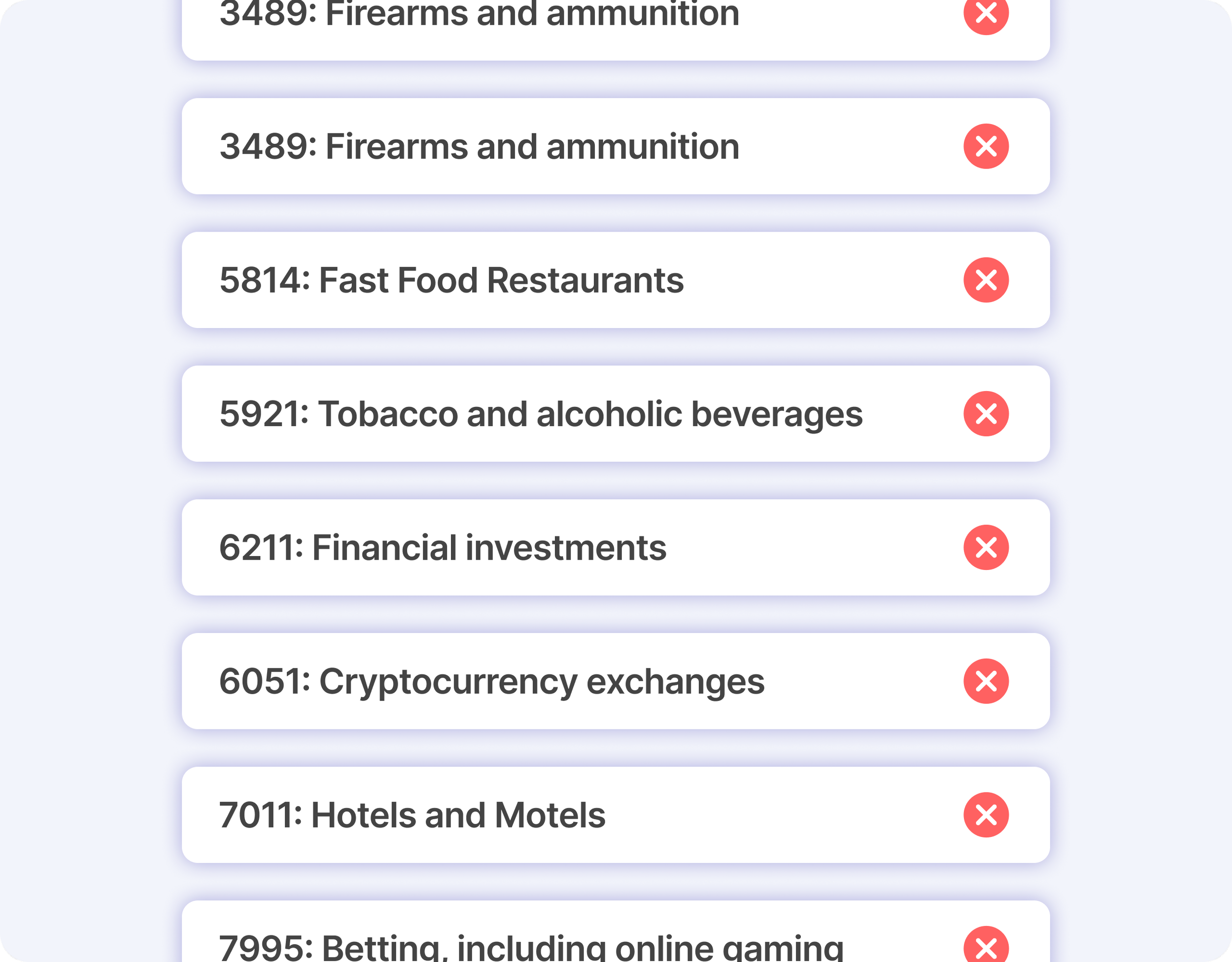 List of categories, including firearms and ammunition, fast food restaurants, tobacco and alcoholic beverages, financial investments, cryptocurrency exchanges, hotels and motels, and online gaming, with red delete icons next to each category.