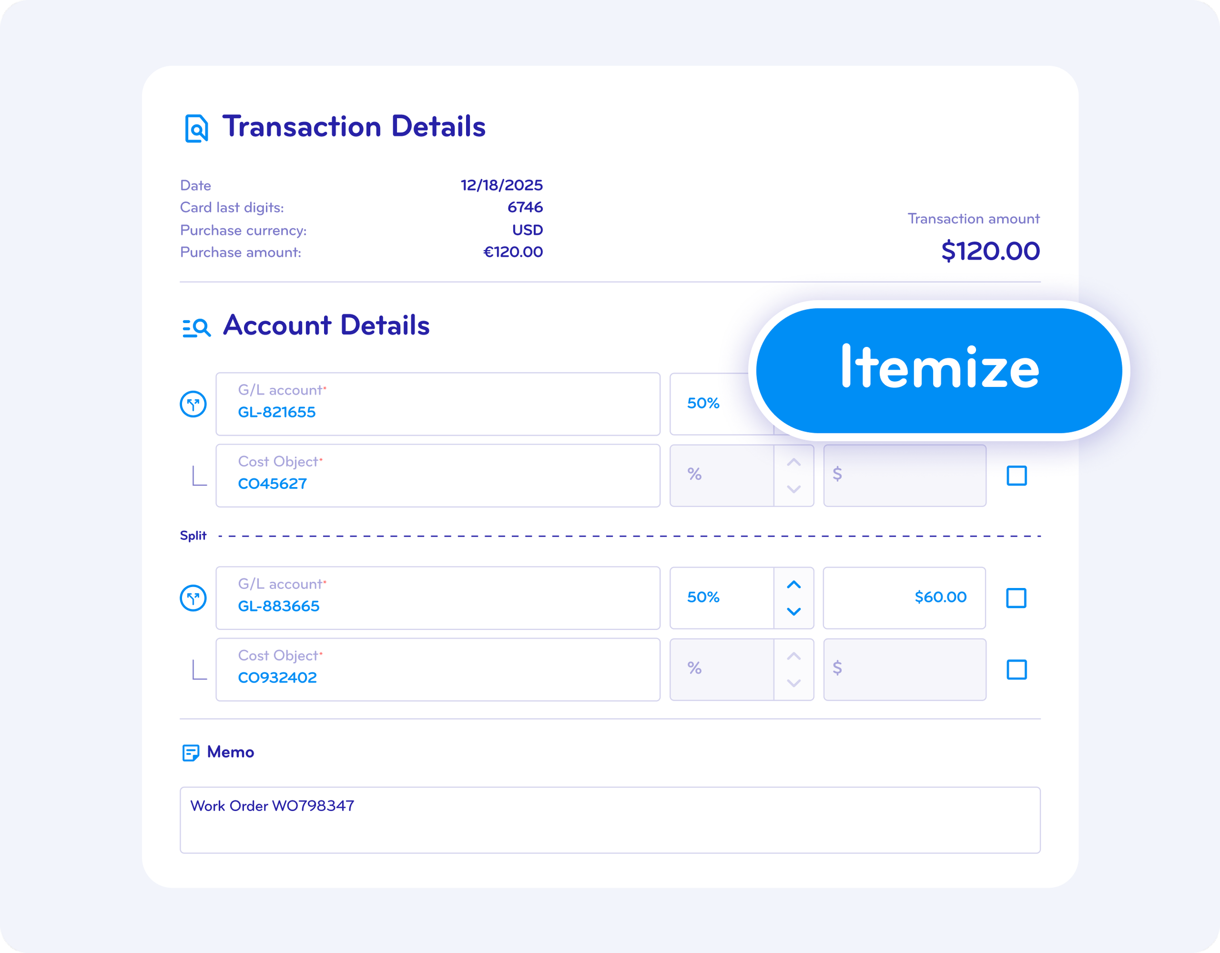 Screenshot of a financial transaction record featuring transaction details, account numbers, and a large blue button labeled 'Itemize' overlapping part of the record.