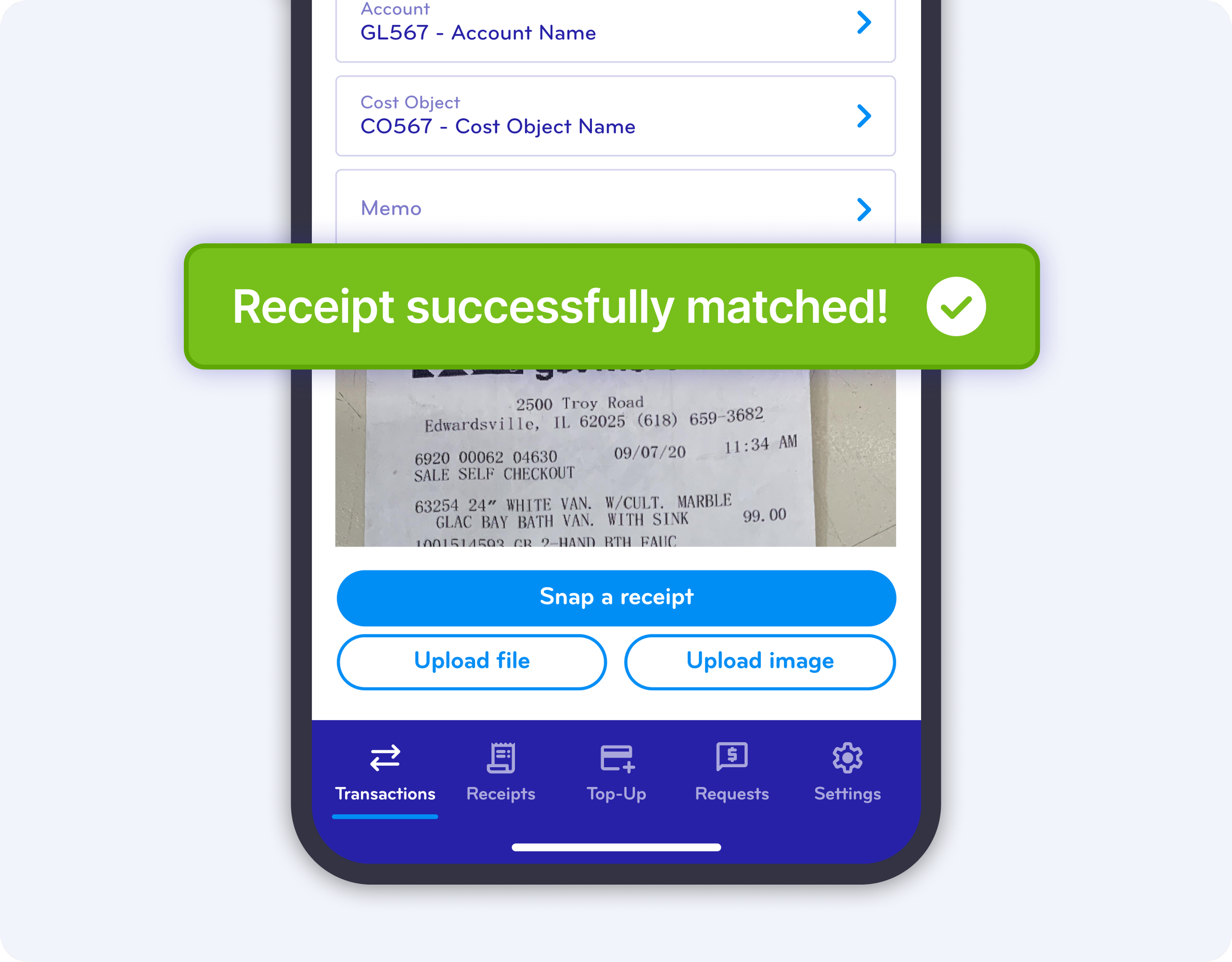 A smartphone screen displaying a digital receipt with a green overlay message saying 'Receipt successfully matched!' and a blue button labeled 'Snap a receipt'. The receipt shows details of a purchase at Edwardsville, IL, with an item listed as a 24" white van with marble design, priced at $99.00. The phone screen has menu options at the bottom including Transactions, Receipts, Top-Up, Requests, and Settings.
