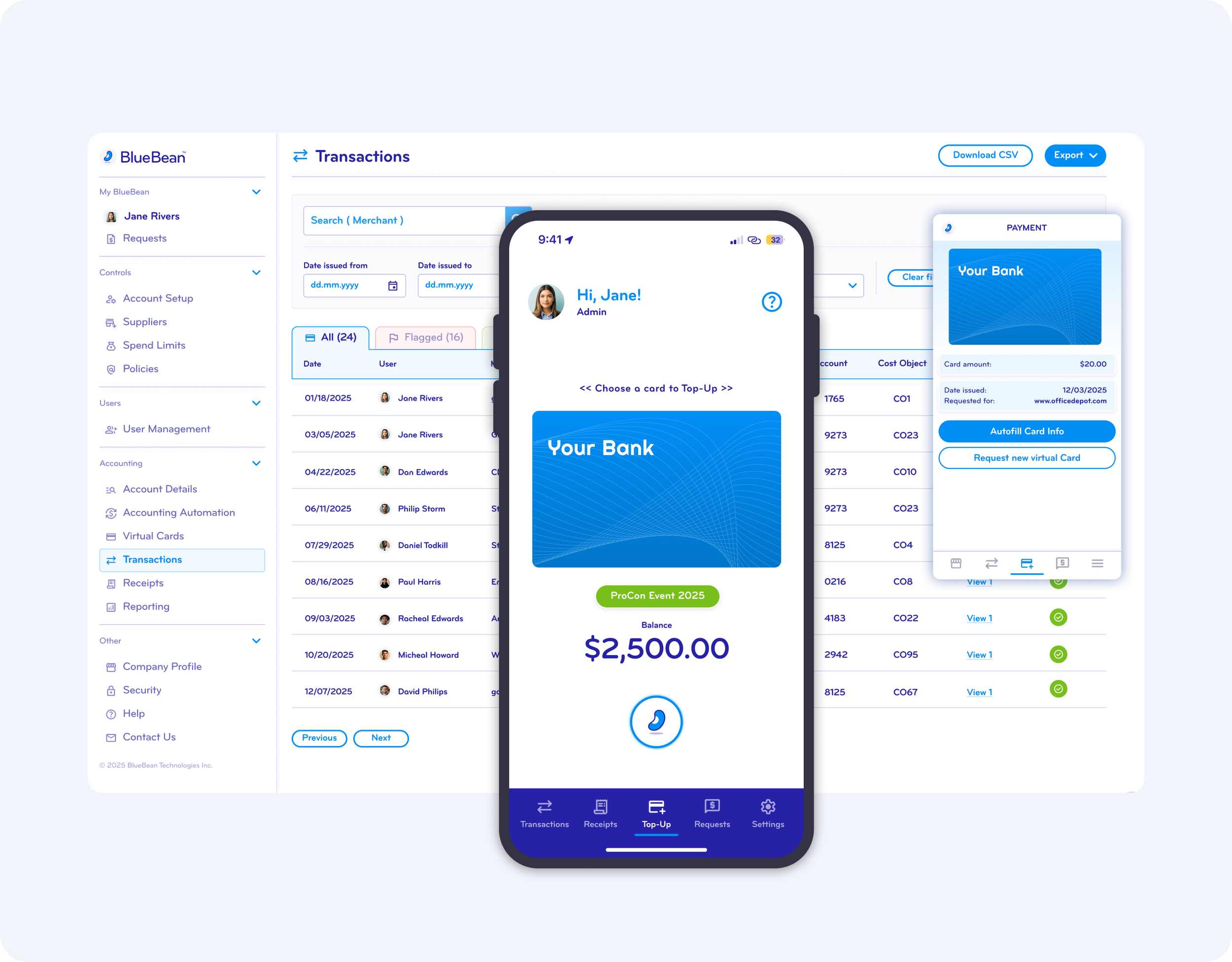 A mobile banking app showing a balance of $2,500, with options to top-up, view transactions, receipts, requests, and settings, in front of a computer screen displaying transaction details and virtual card management.