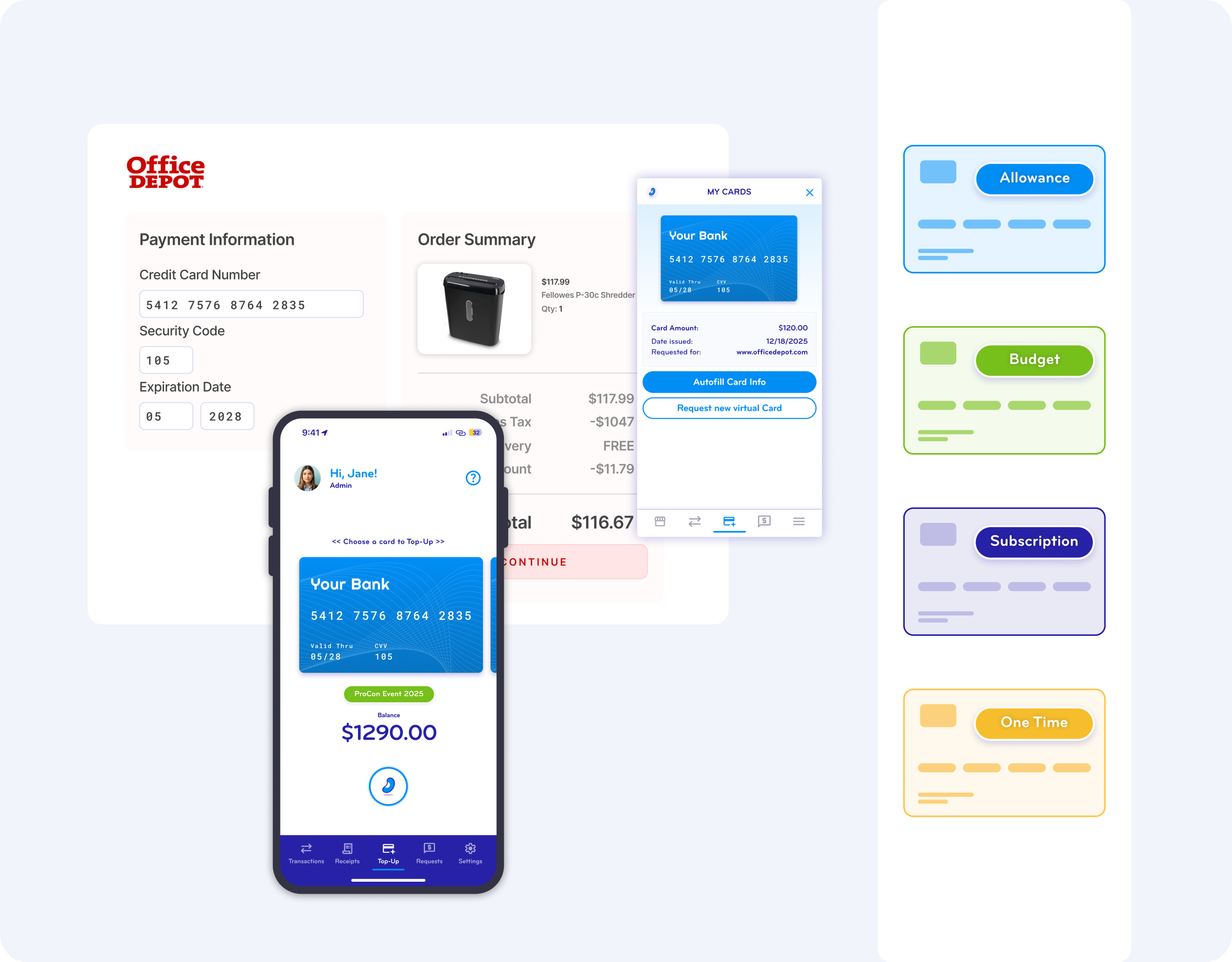 Digital illustration of online payment process, including a smartphone with a virtual bank card showing a balance of $1290.00, an office supply order summary, and digital cards labeled Allowance, Budget, Subscription, and One Time.