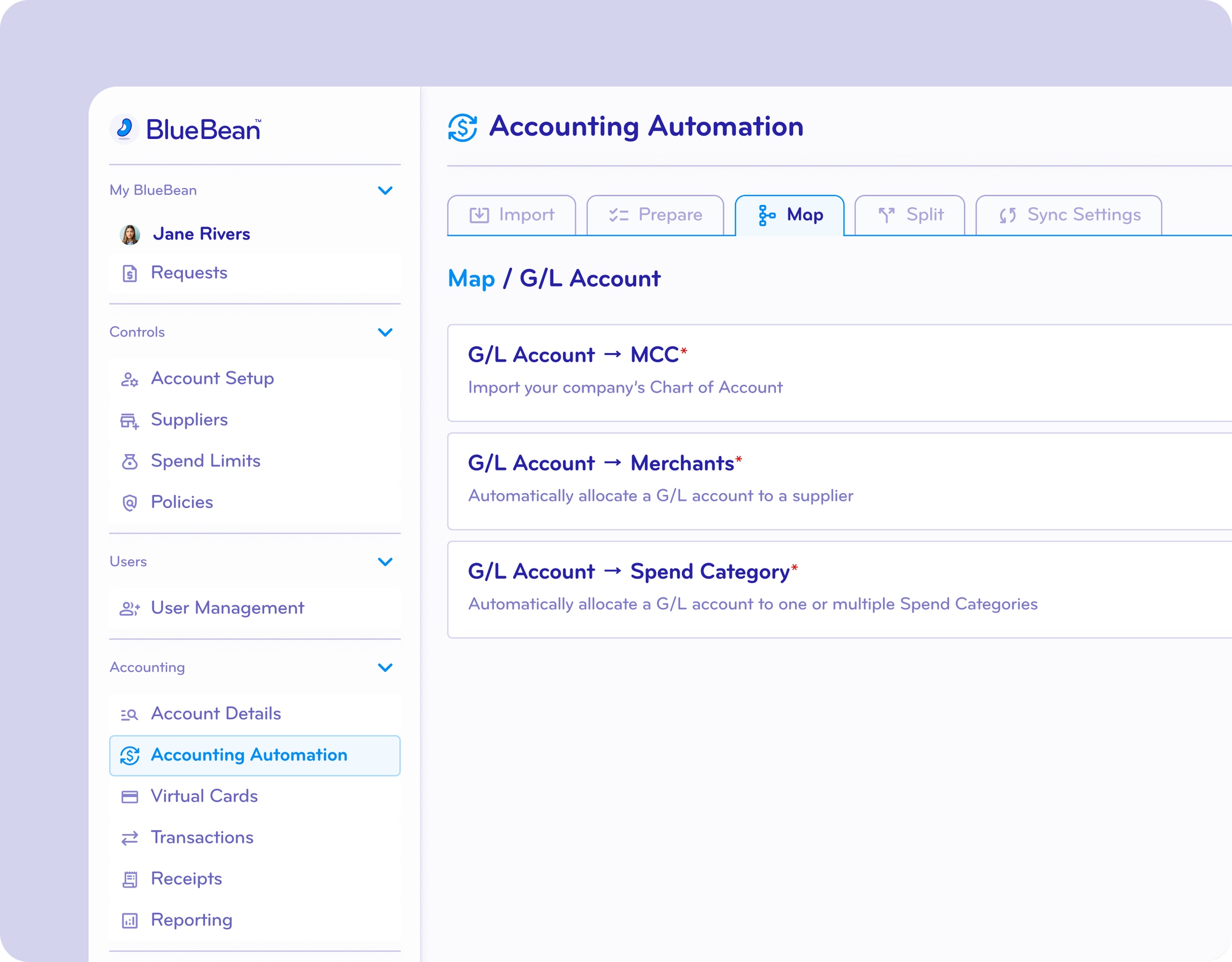 Blue Bean Accounting Automation interface with options for Map, Split, and Sync Settings. Sections include G/L Account to MCC, Merchants, and Spend Category, with navigation on the left for user profile, requests, controls, users, and accounting functions.